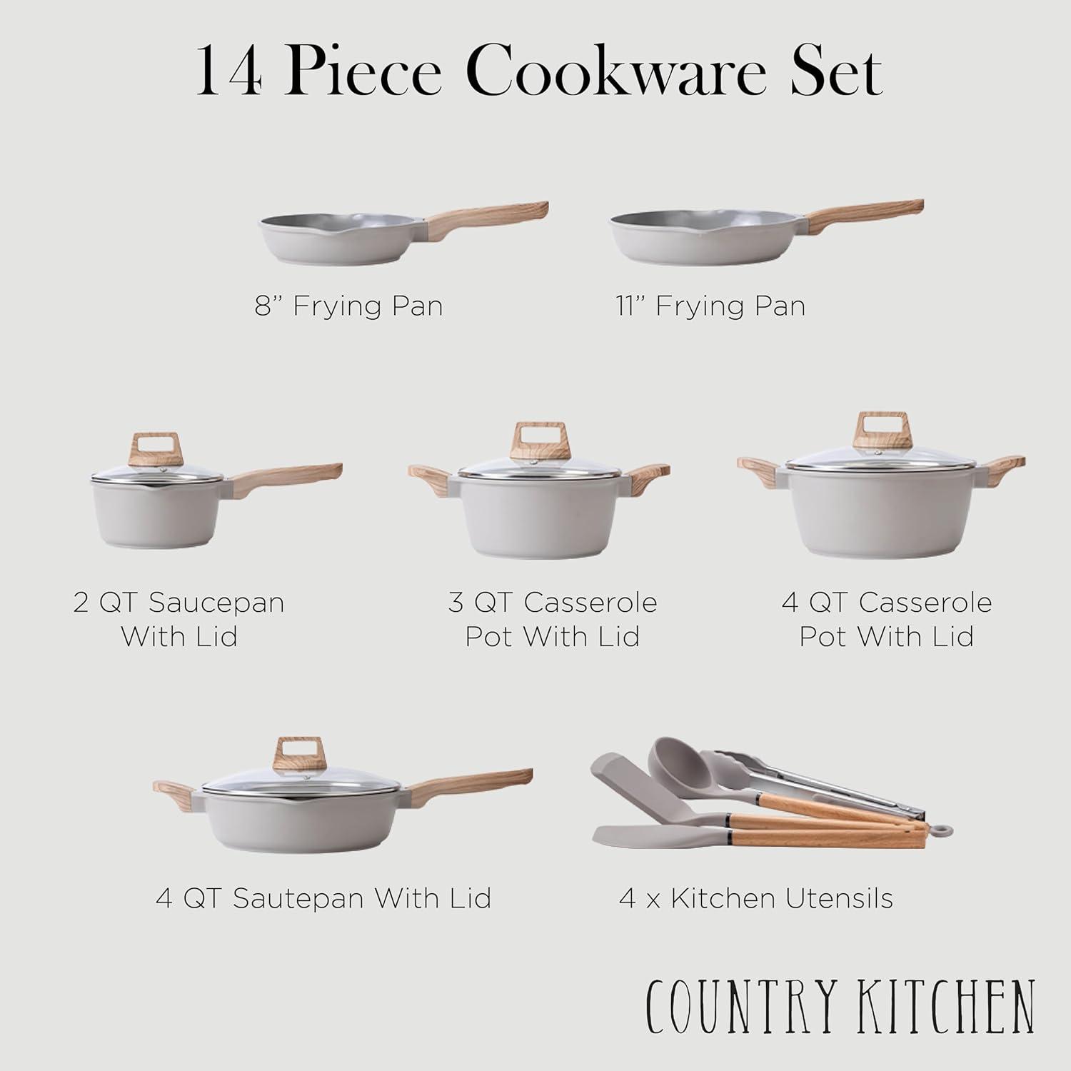 14-Piece Gray Nonstick Cast Aluminum Cookware Set with Bakelite Handles