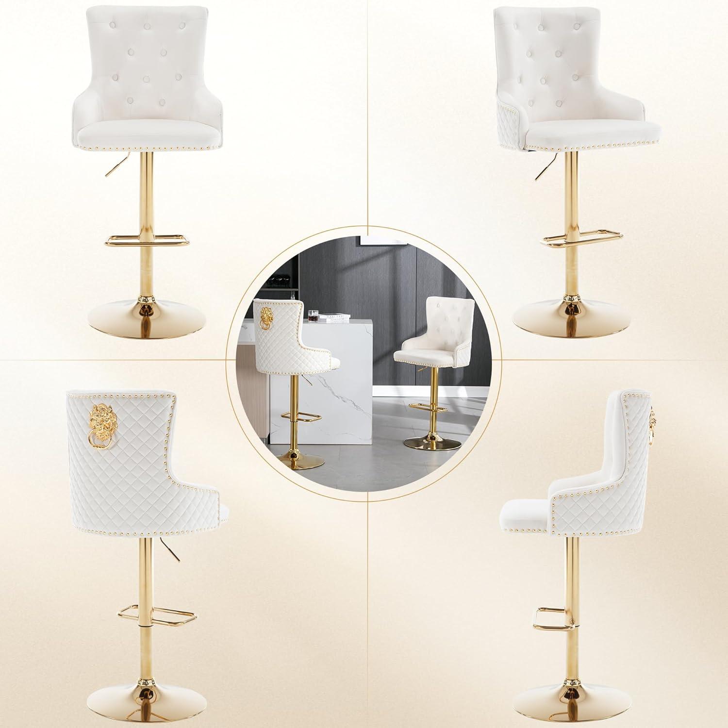 Bar Stools Set of 2, Swivel Barstools with Nailheads Trim, Velvet Button Tufted Back and Golden Footrest, Adjustable Counter Height Bar Stools for Kitchen Counter,Home Bar,Pub, Beige