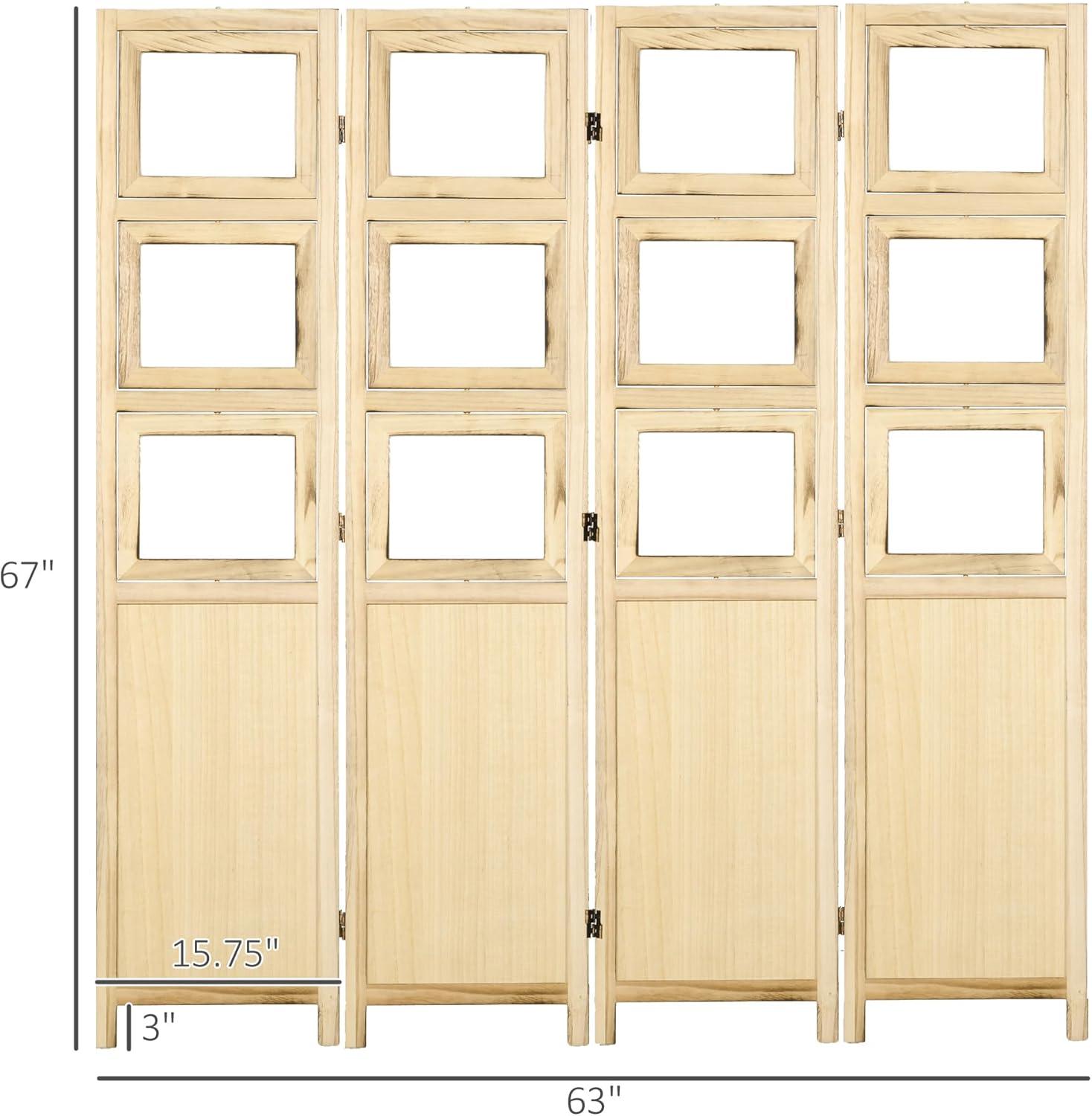 4 Panel Room Divider, 5.6' Indoor Wood Portable Folding Privacy Screens with Photo Frames and Cardstocks, Hinged Freestanding Partition Wall Dividers for Home Office, Natural