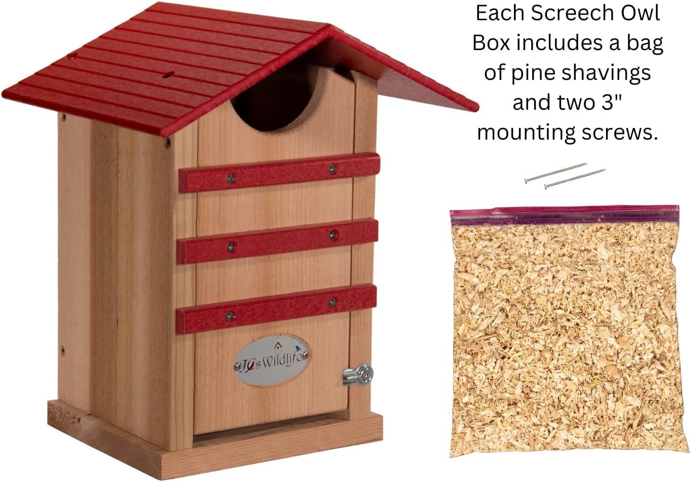 JCS Wildlife Screech Owl or Saw-Whet Owl House Cedar Nesting Box with Poly Lumber Roof - Screech Owl Nest Box - Made in the USA (Cardinal Red)