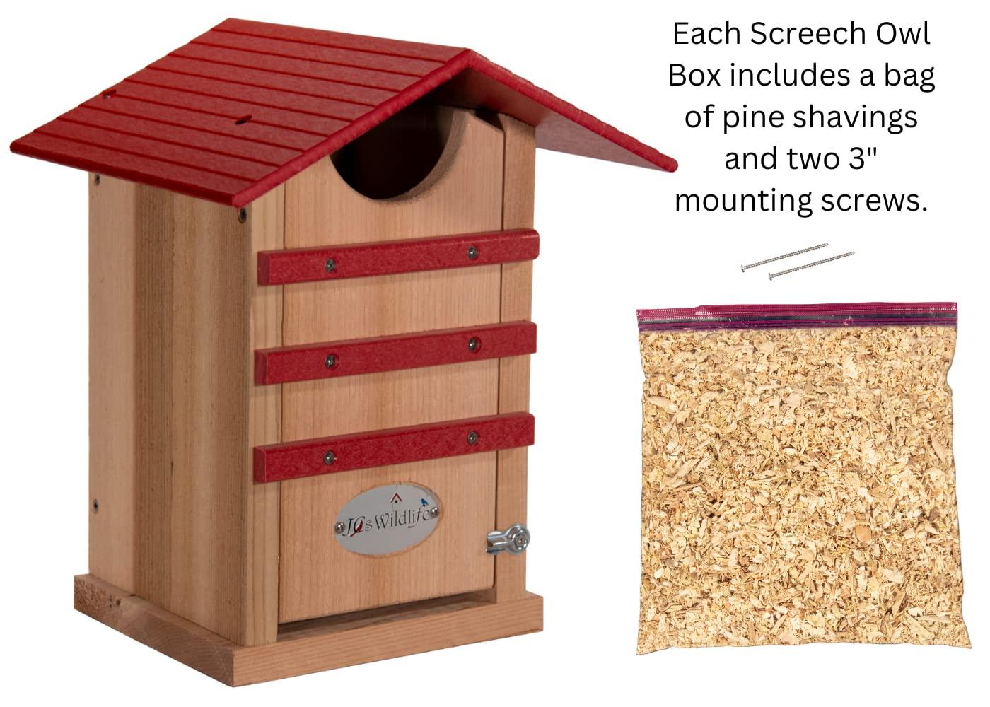 JCS Wildlife Screech Owl or Saw-Whet Owl House Cedar Nesting Box with Poly Lumber Roof - Screech Owl Nest Box - Made in the USA (Cardinal Red)