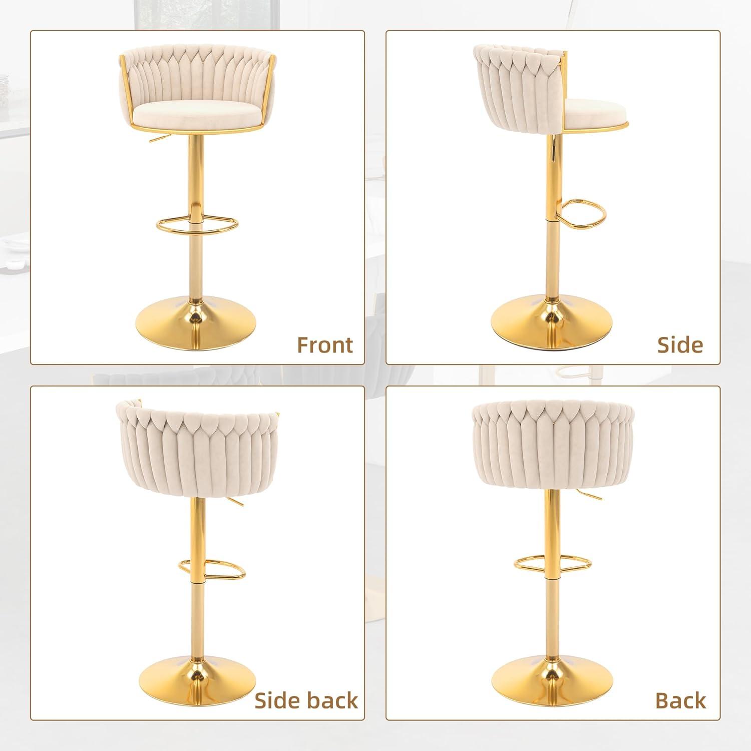 Counter Height Stools Set of 2, Velvet Bar Stools with 27 Inches Upholstered Seat Height, Handmade Woven Back Armrest, Sturdy Golden Metal Legs for Home Dining Pub Kitchen Island, Beige