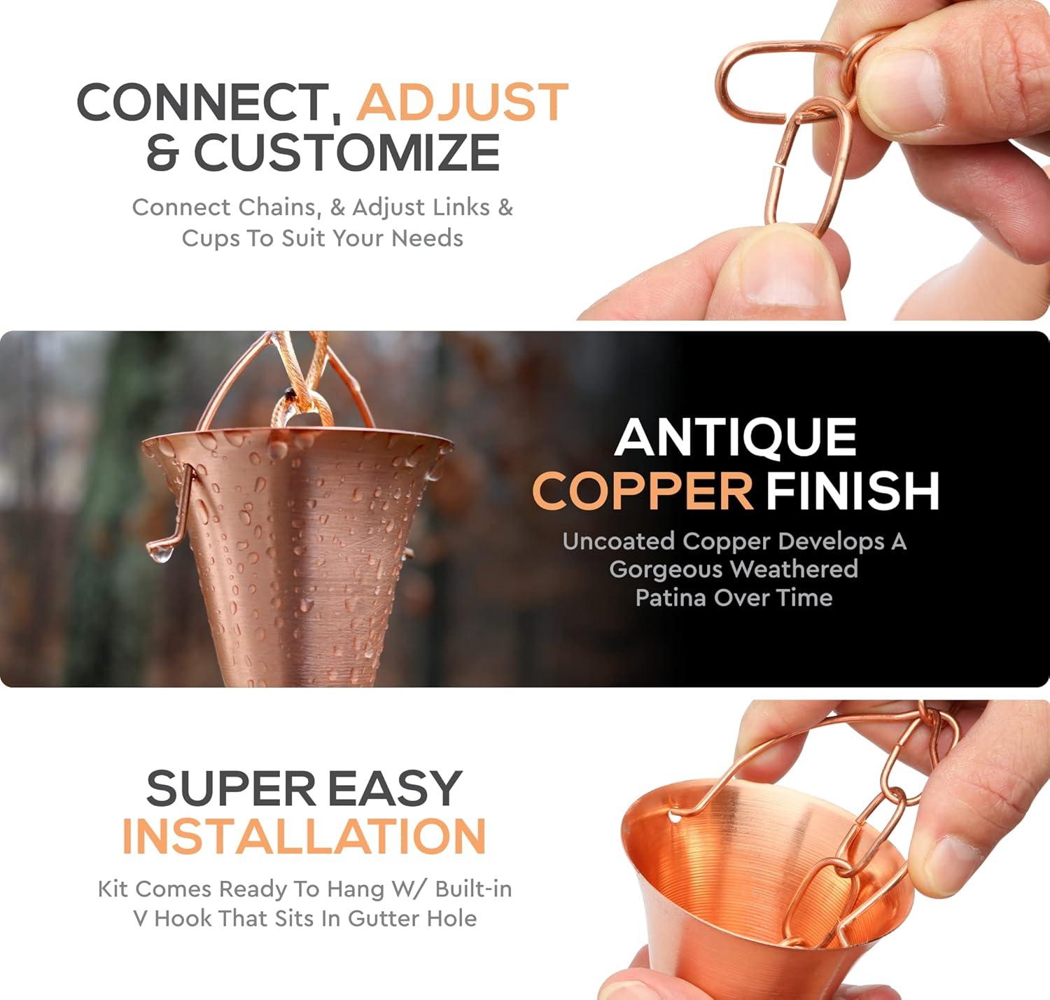 Marrgon Copper Rain Chain with Bell Style Cups for Gutter Downspout Replacement