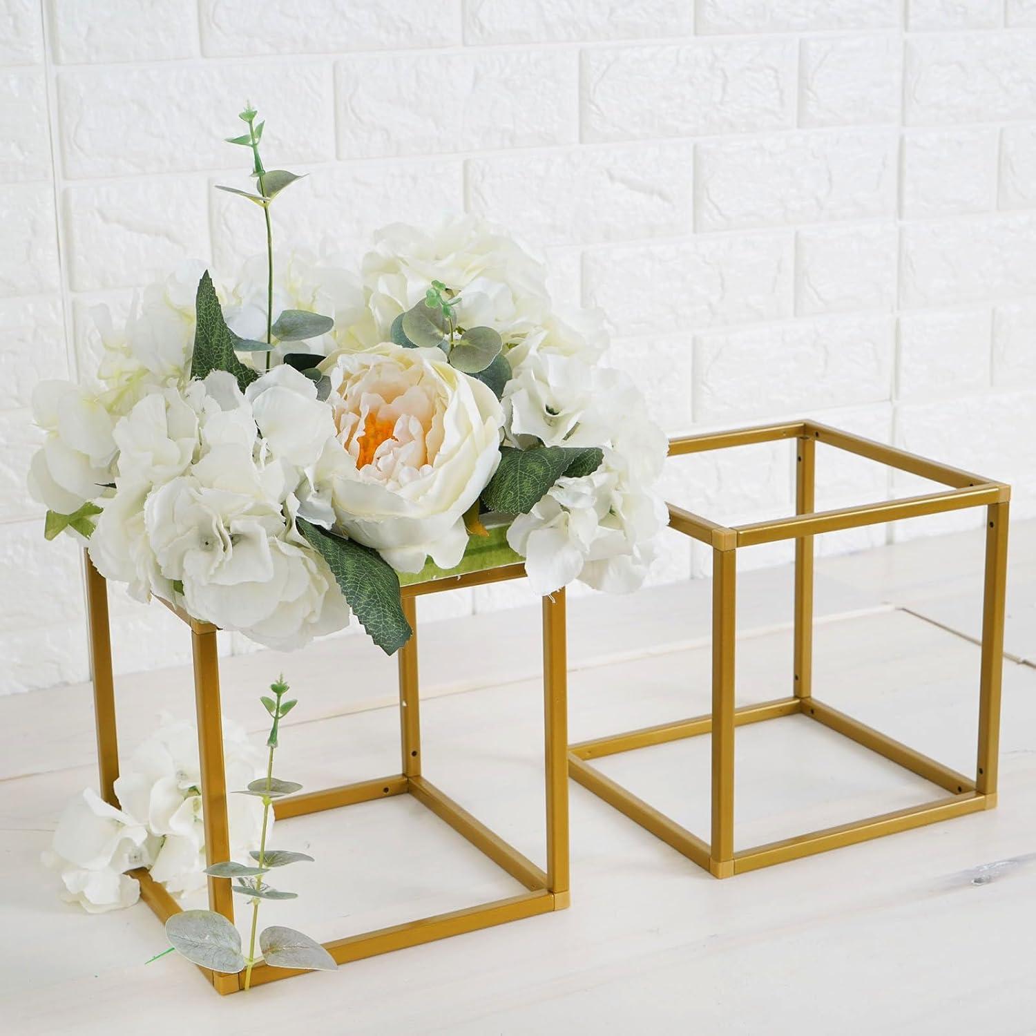 Efavormart 2 Pack 8" Square Gold Wedding Flower Stand Metal Column Stand Geometric Cube Vase