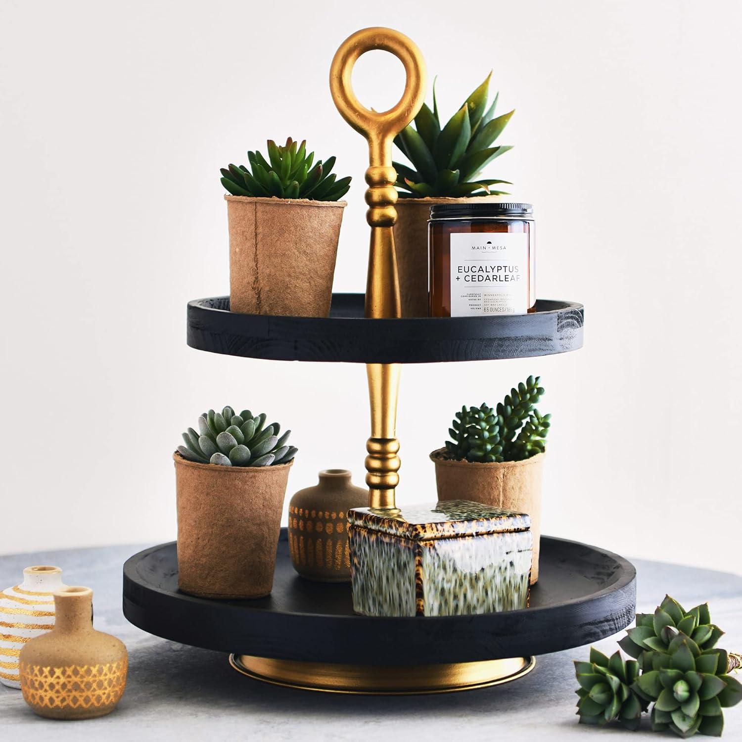 Wood 2-Tier Decorative Tray, Black/Gold