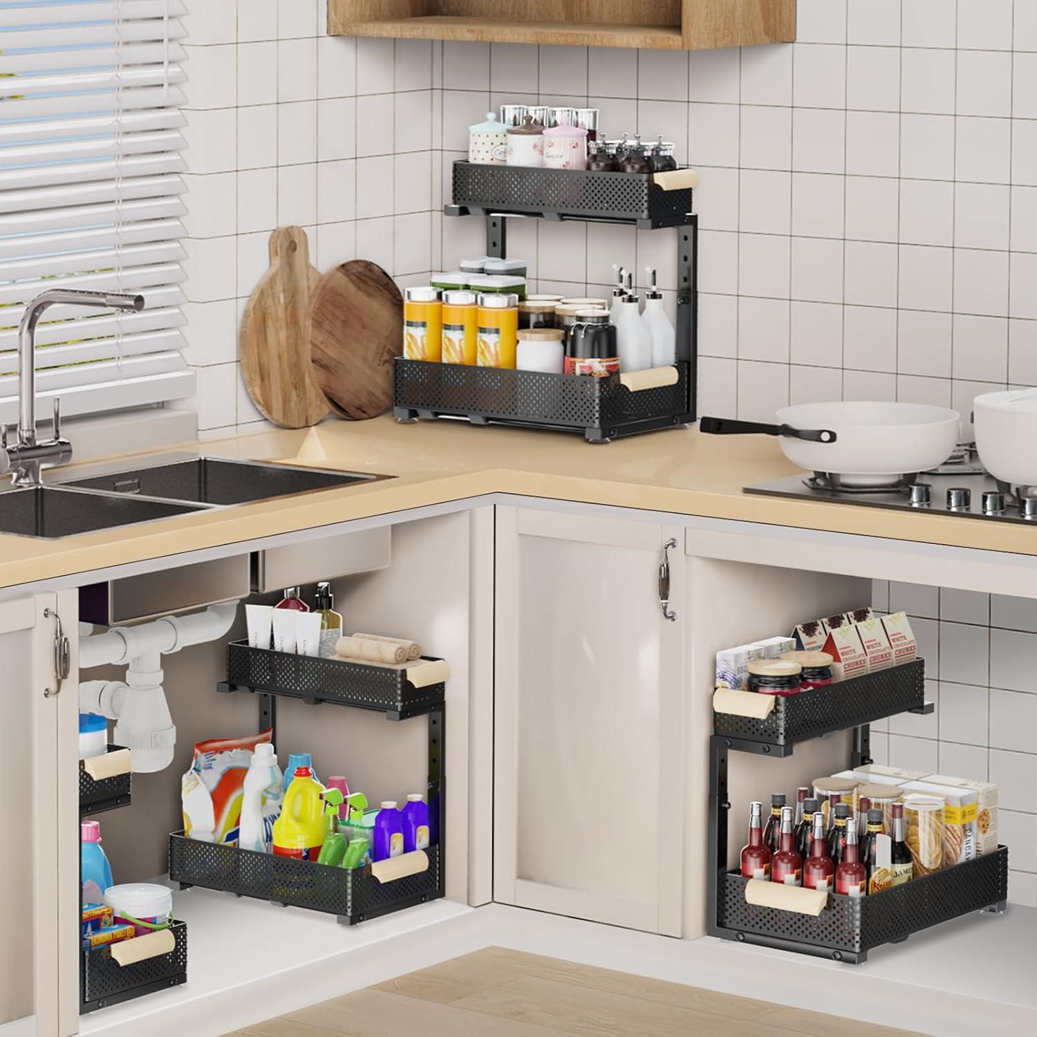 Under Sink Organizers and Storage, 2 Pack Pull Out Kitchen Bathroom Cabinet Organizer, 2 Tier Black Under Sink Storage for Bathroom Kitchen, Under Counter Storage Organizer with 8 Hooks