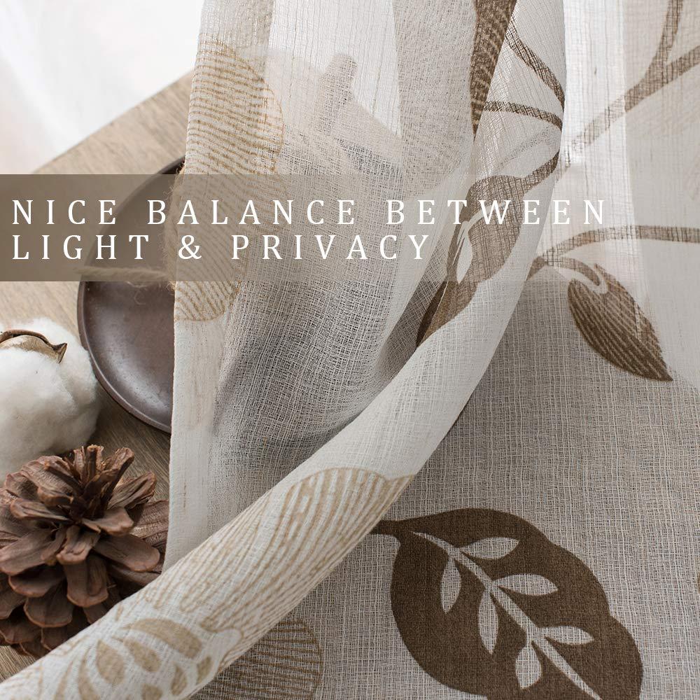 MRTREES Sheer Curtain Panels, Voile Sheer Curtains Drapes Rod Pocket, Flower Printed Embroidery Window Curtain Treatments for Bedroom Living Room Bathroom Window(2 Panels, 54x45 Inches, Brown)