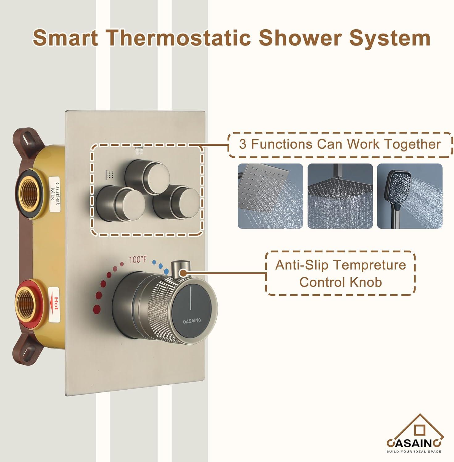 Rainfall Symphony 3-Function Dual Shower Head Thermostatic Shower System with 3 Sprays Handheld