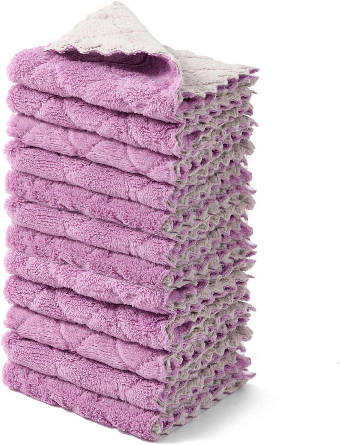 12 Pack Kitchen Cloth Dish Towels 10"x10", Premium Dishcloths, Super Absorbent Coral Velvet Dishtowels, Nonstick Oil Washable Fast Drying (Purple-Grey)