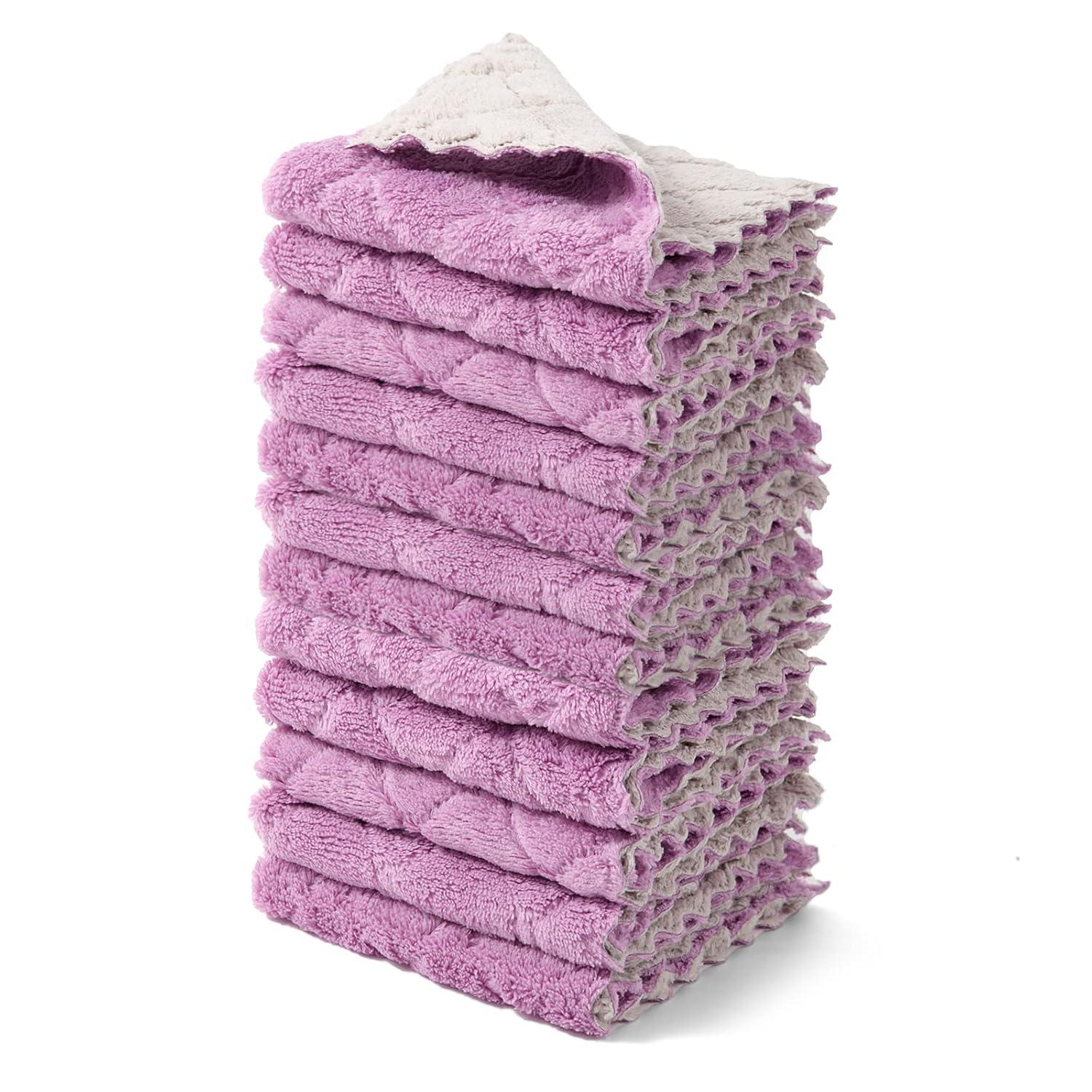 12 Pack Kitchen Cloth Dish Towels 10"x10", Premium Dishcloths, Super Absorbent Coral Velvet Dishtowels, Nonstick Oil Washable Fast Drying (Purple-Grey)