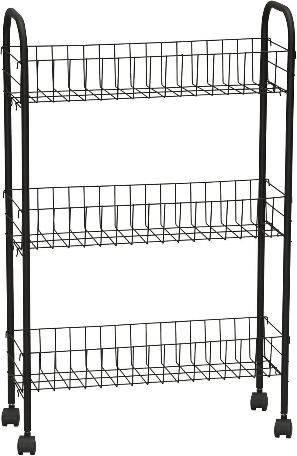 Slim Black Steel 3-Shelf Rolling Laundry Cart