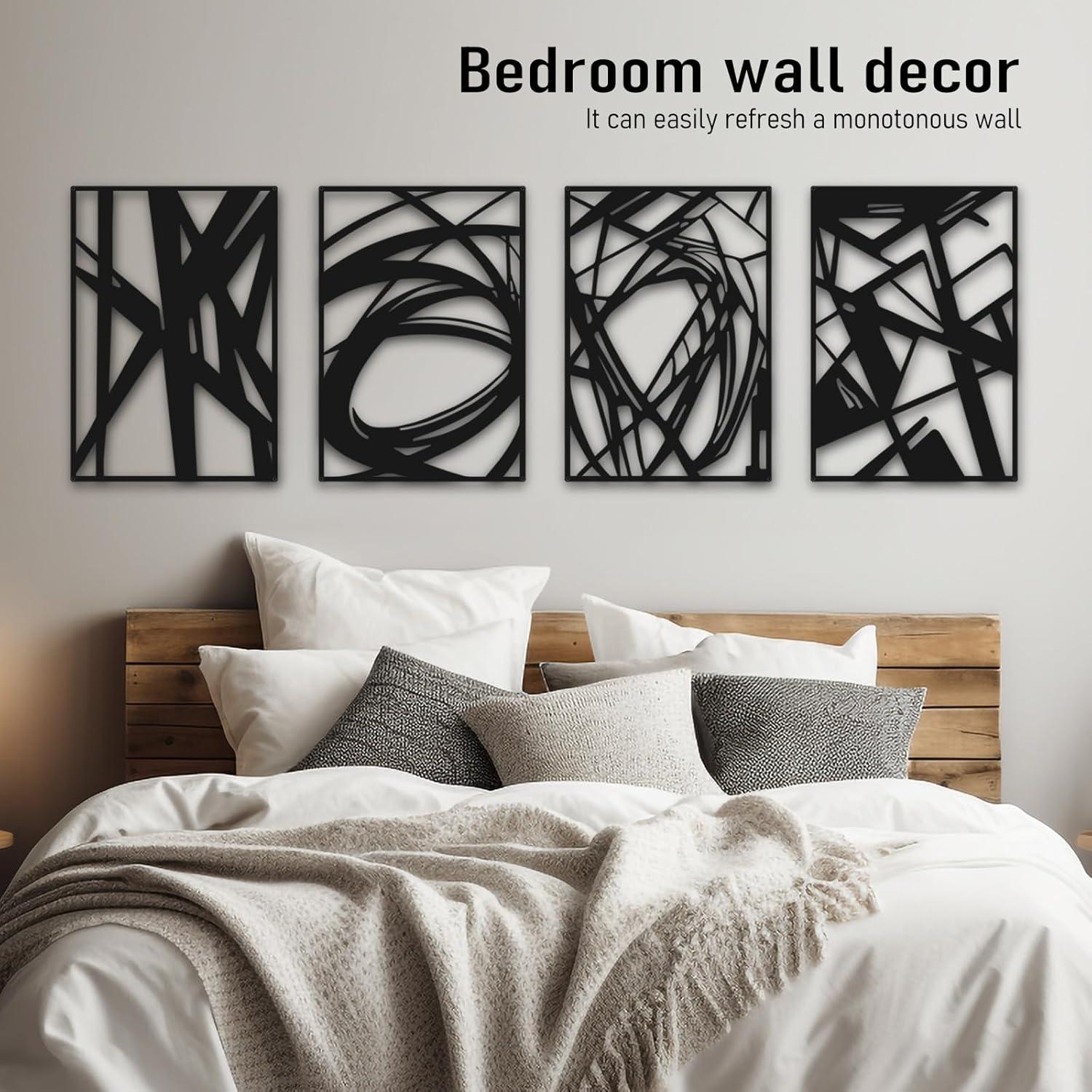 4 Pack Black Abstract Metal Wall Art, Minimalist Décor Single Line Art Décor, 3D Textured Sculptures, for Living Room Bedroom Bathroom Study (Black, M Size 16 x 11'')