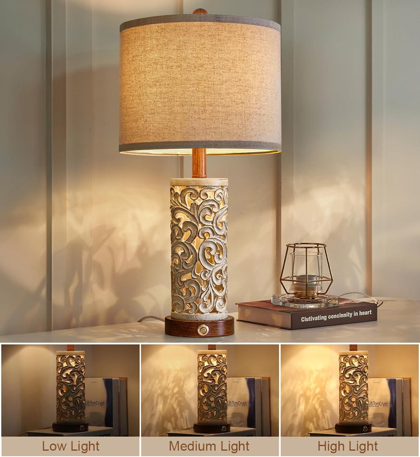 Ophelia & Co. 3-Way Dimmable 22'' Table Lamp Set Of 2 For Living Room Bedroom Farmhouse Vintage Retro Bedside Lamps Touch Control With USB Ports Linen Shade For Home Office (Wash, Bulb Included)