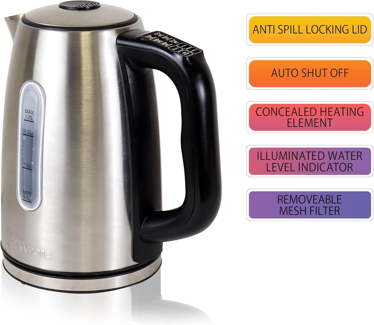 Kenmore 1.7 Qt. Electric Tea Kettle with 6 Temperature Pre-Sets, Cordless