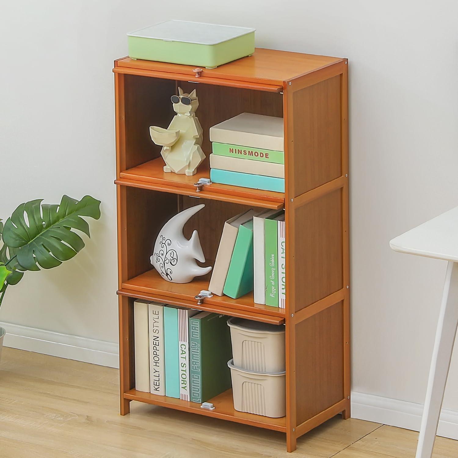 Magshion Bamboo/Acrylic 3 Shelves Bookshelf, with Transparent Door Bookcase, Brown, for Home