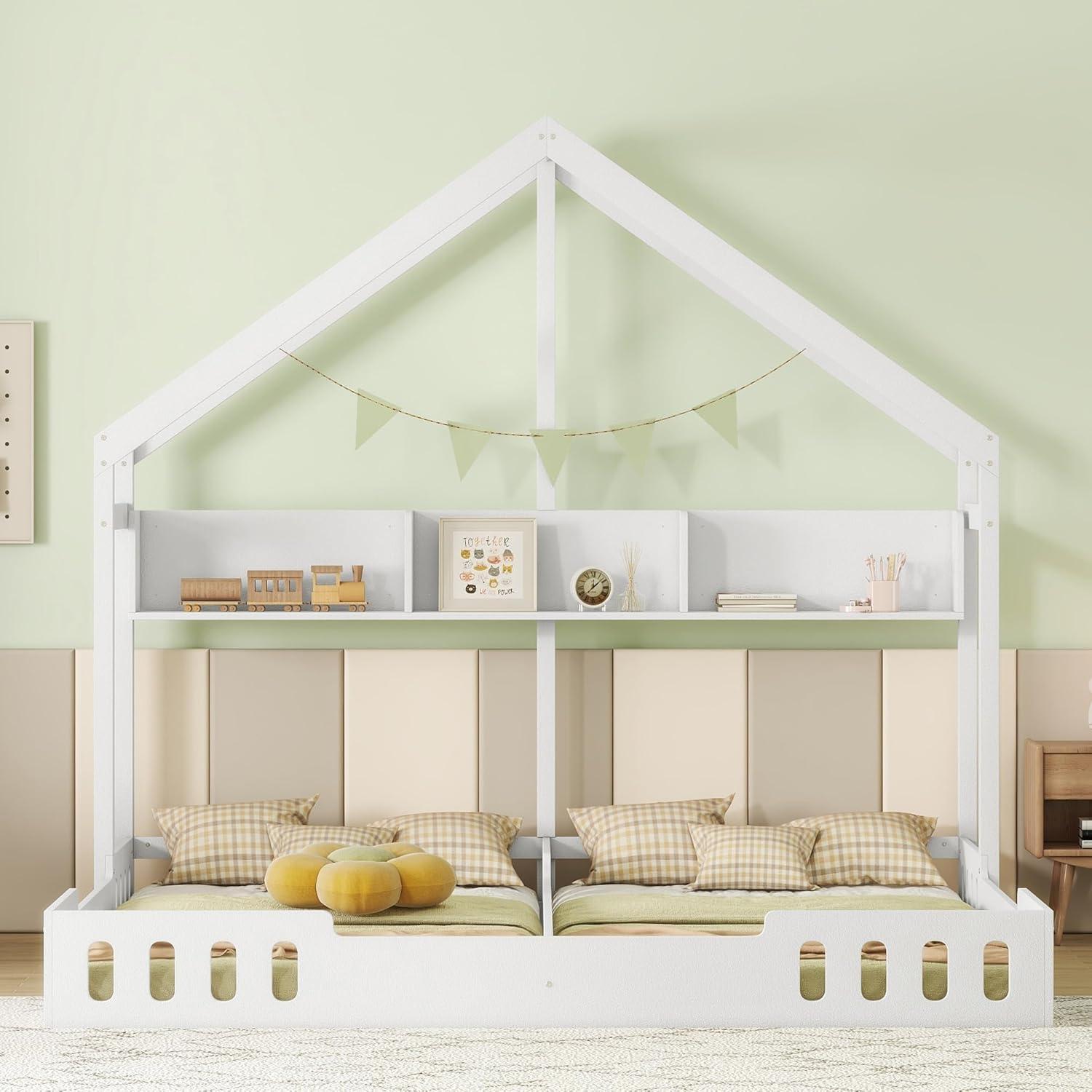 P PURLOVE Twin House Bed for 2 Kids,Double Twin Size Shared Beds with Fence Railings,House Montessori Floor Bed Frame Twin Size with Roof and Storage Shelves or Kids,Teens, Boys & Girls