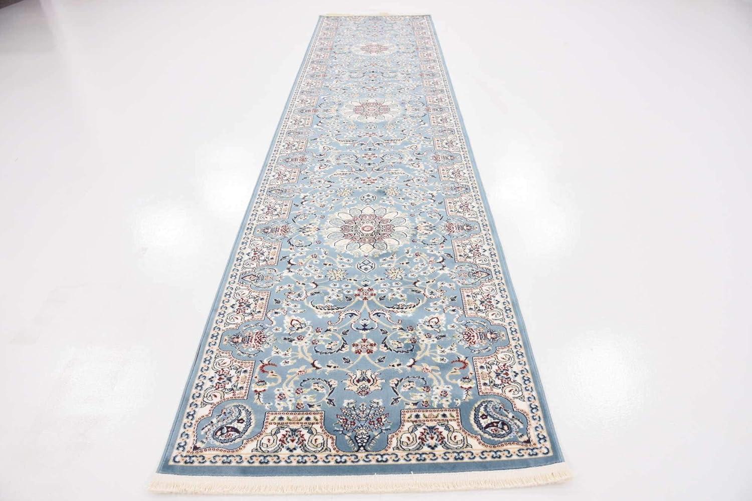 Blue Floral Synthetic Stain-Resistant Runner Rug