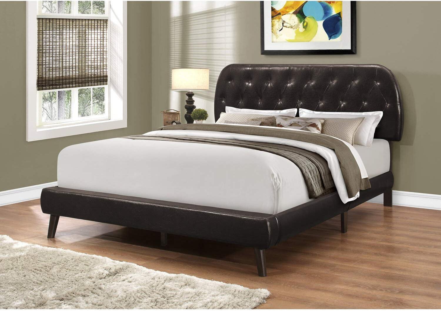 Bed Queen Size Platform Bedroom Frame Upholstered Pu Leather Look Brown