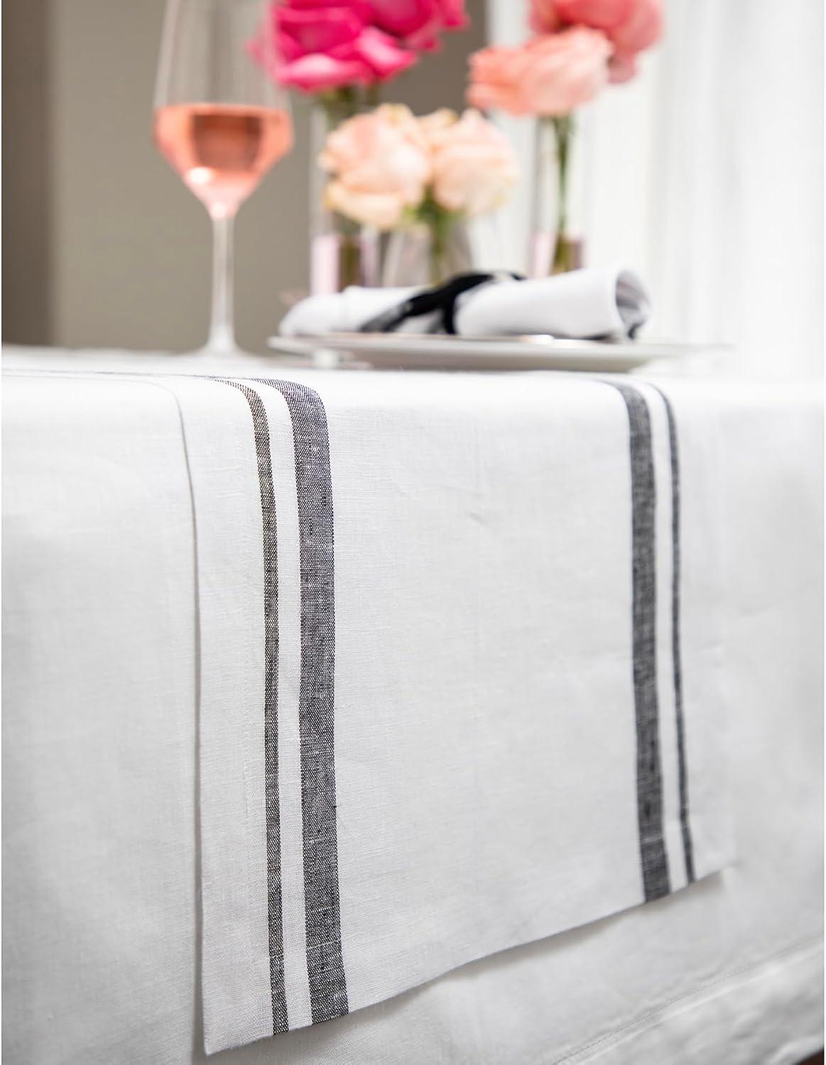 Black and White French Stripe Linen Table Runner 14 x 90 Inch