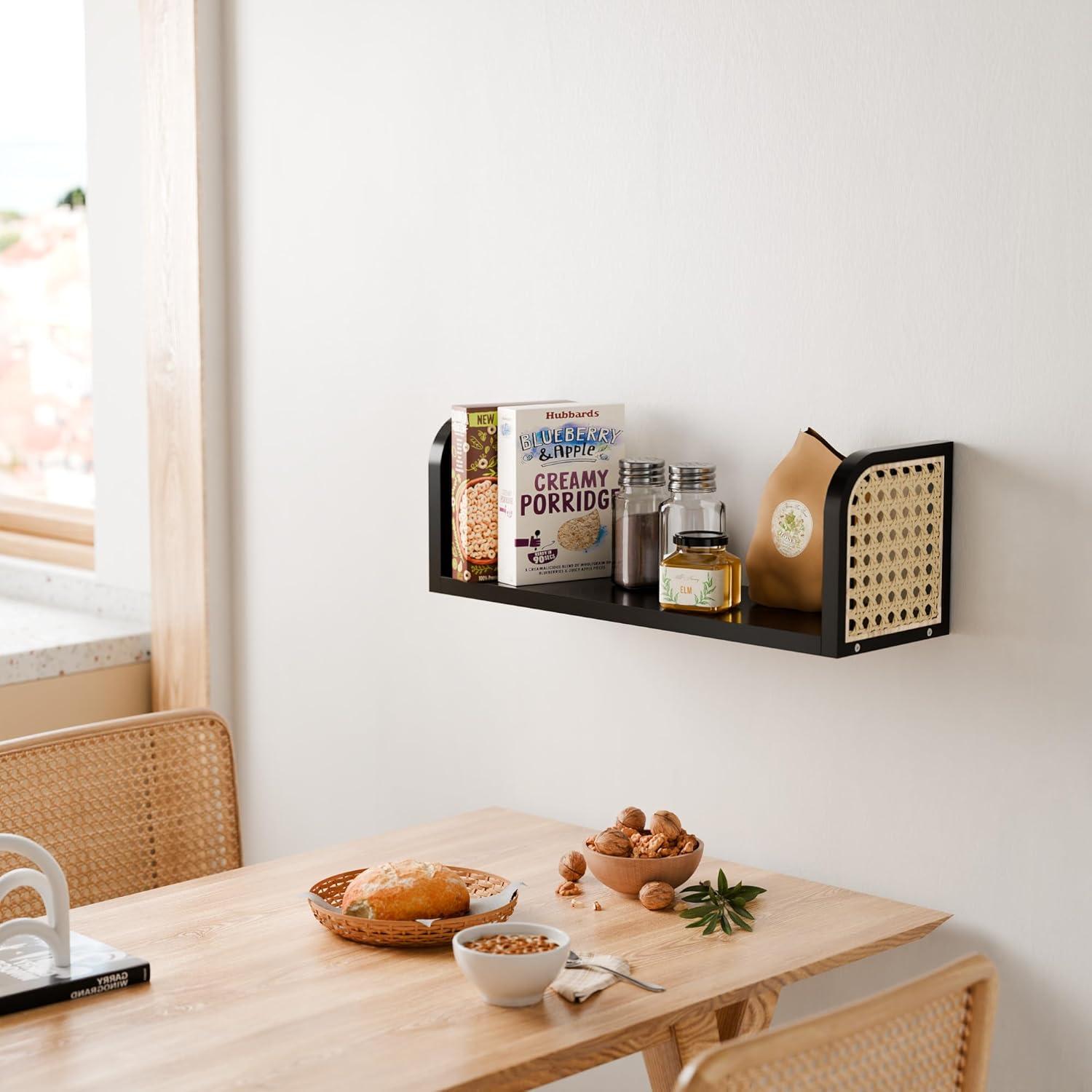 Black Rattan Wall Shelf, Hanging Book Shelves for Wall, Decorative Shelves for Natural Nursery Decor, Picture Ledge Shelves, Wall Mail Organizer, Floating Rattan Shelf for Office, Bedroom,Bathroom