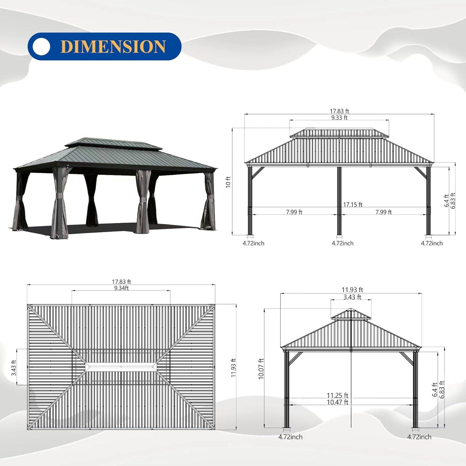 Domi 12' x 18' Gray Aluminum and Steel Hardtop Gazebo