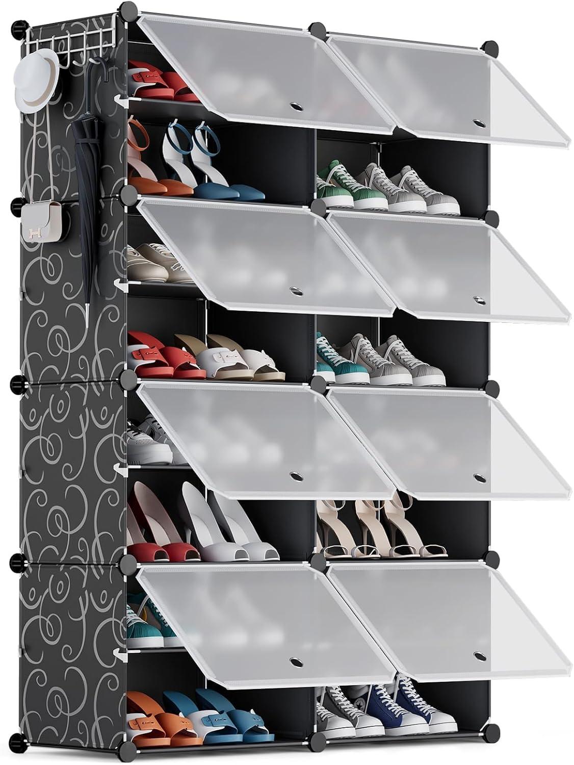 Black 8-Tier Plastic and Metal Shoe Rack with Doors