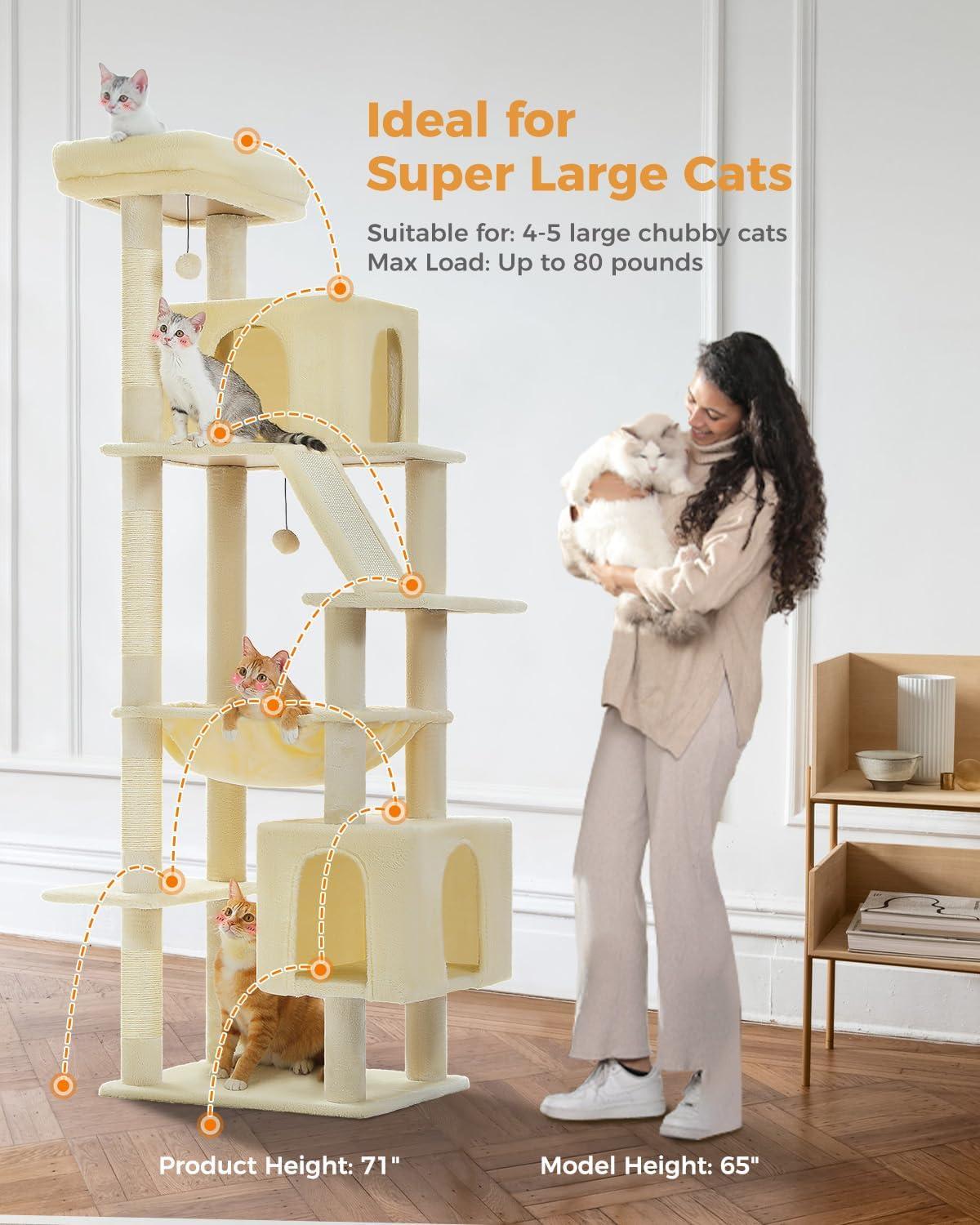 71" Indoor Tall Large Cat Tree Multi-Level Cat House With 2 Big Condo Pad Bed, Cozy Hammock And Scratching Posts