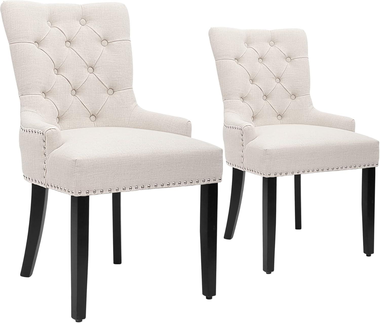 Beige Button-Tufted Upholstered Side Chair with Nailhead Trim