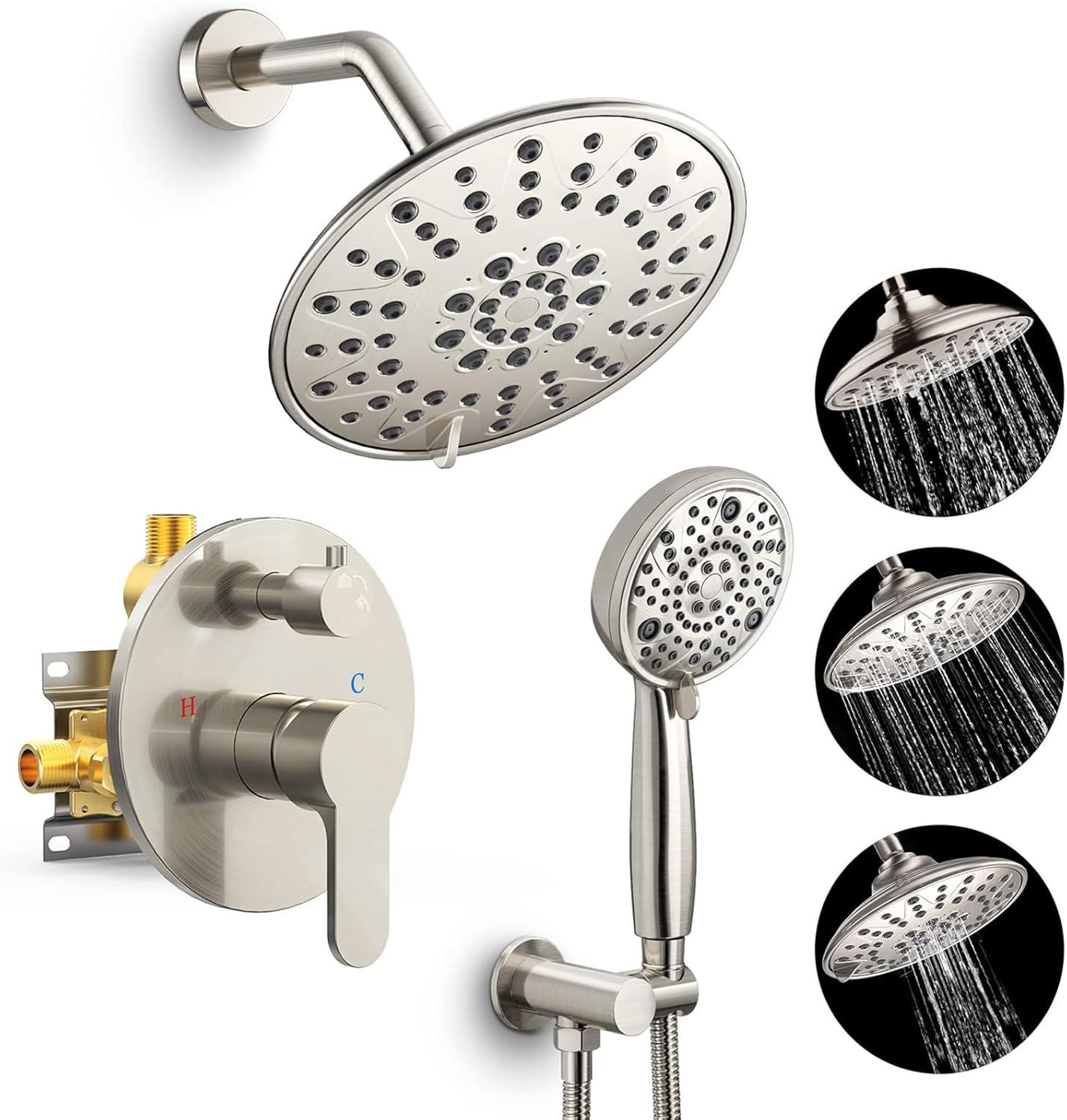 SR SUN RISE Shower Faucet - 8 Inch Multifunctional High Pressure Shower Head System with Handheld Shower Head Fixtures - Valve Included - Brushed Nickel