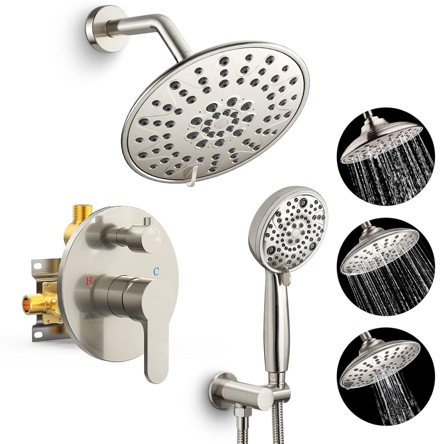 SR SUN RISE Shower Faucet - 8 Inch Multifunctional High Pressure Shower Head System with Handheld Shower Head Fixtures - Valve Included - Brushed Nickel