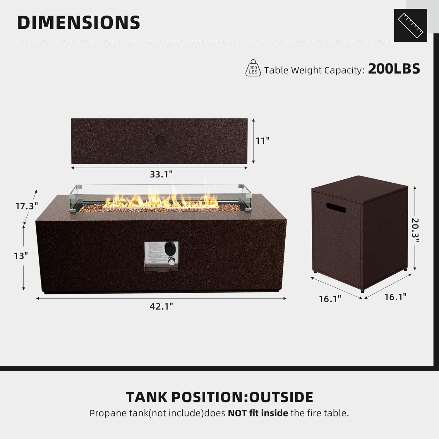 UPHA 42-inch Outdoor Propane Rectangle Fire Pit Table 50000 BTU Iron Gas FirePit for Outside Patio with Tank Cover, Removable Lid, Lava Rocks, Rain Cover, Grey