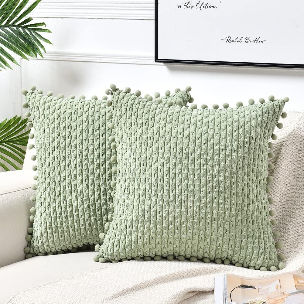 Fymlhomi 2 Packs Sage Green Decorative Throw Pillow Covers 18x18 Inch for Couch Bed Sofa, Modern Farmhouse Boho Home Decor, Soft Cute Plush Corduroy Cushion Case 45x45 CM