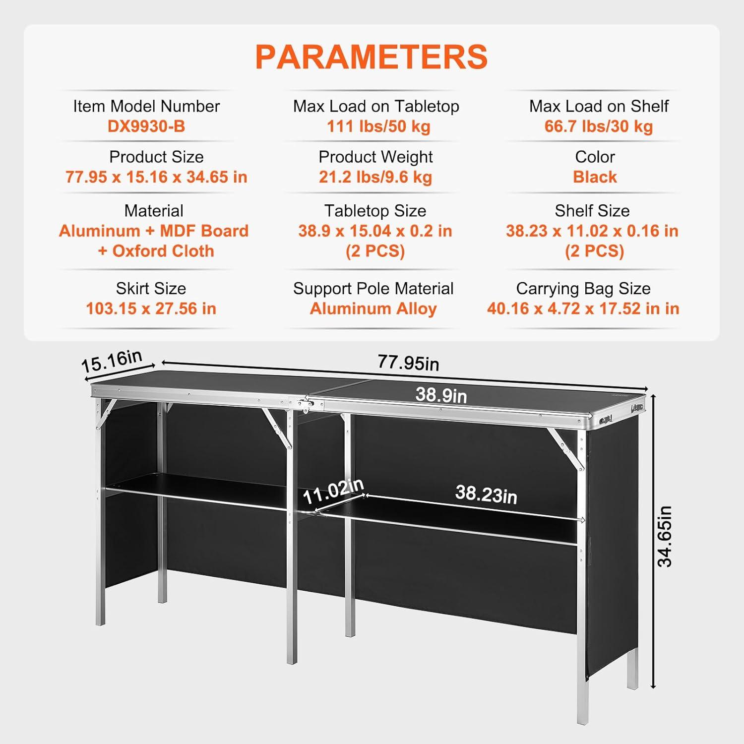 VEVOR Extra Long Folding Portable Black Bar Table with Storage Shelf