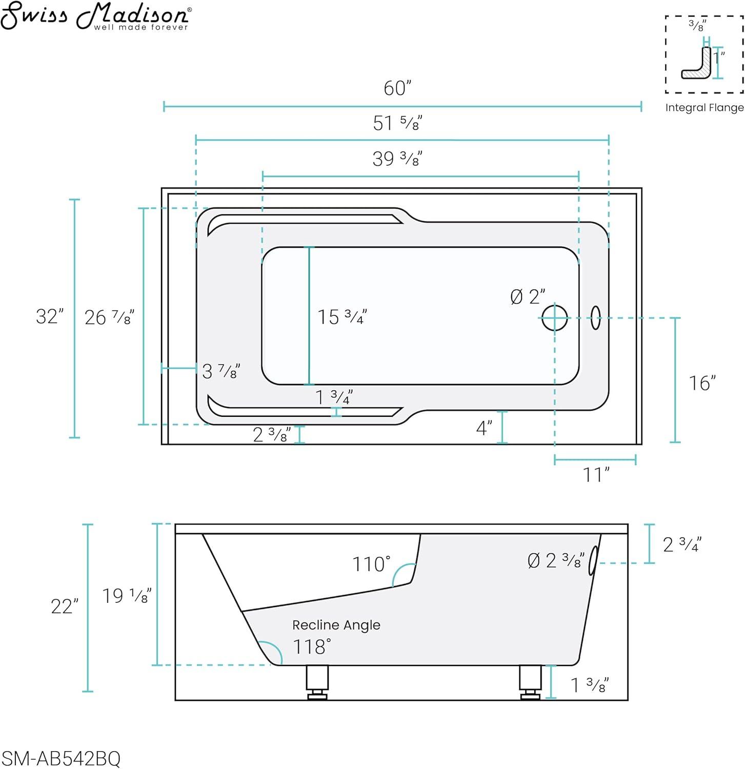 Voltaire 60" x 32" Alcove Bathtub with Apron