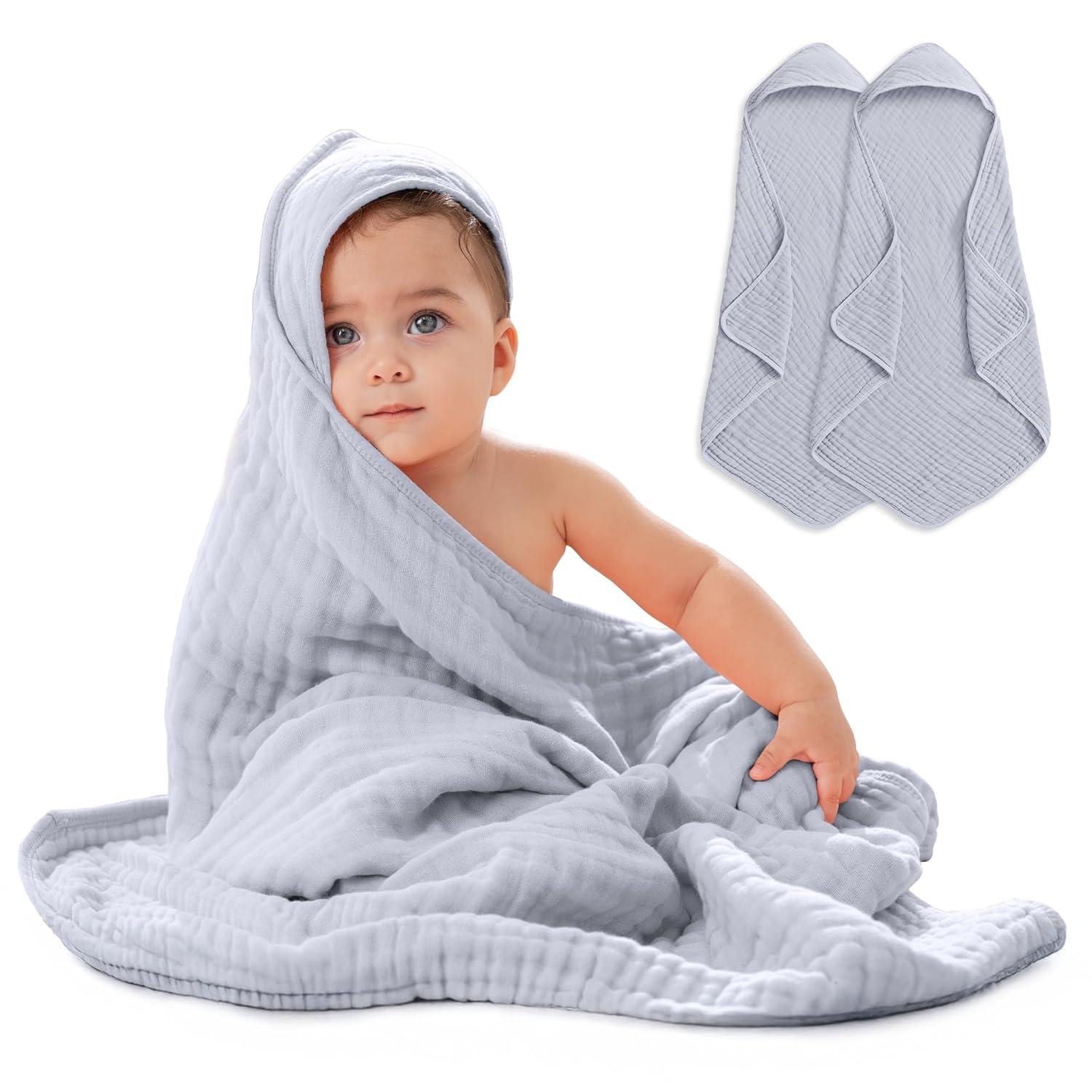 Comfy Cubs Comfy Cubs Hooded Baby Towel 2-Pack, Large 32 x 32 Inch - 6 Layer 100% Muslin Cotton - Soft & Absorbent Baby Bath Towels (Set of 2)