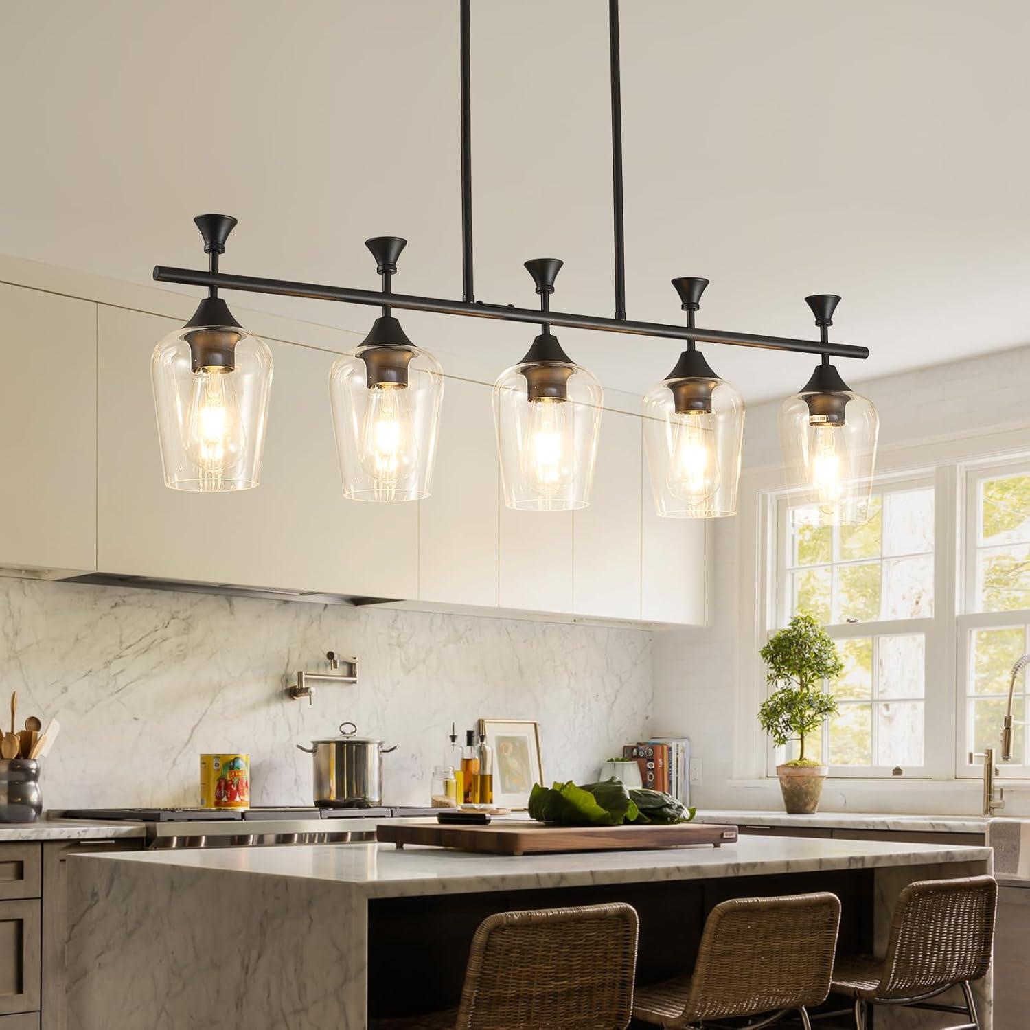 Black Farmhouse Chandelier, 5-Light Island Lights for Kitchen in Metal Finish with Clear Glass Shades, 37" Dining Room Chandelier, Linear Pendant Lighting for Foyer, Bar, Pool Table