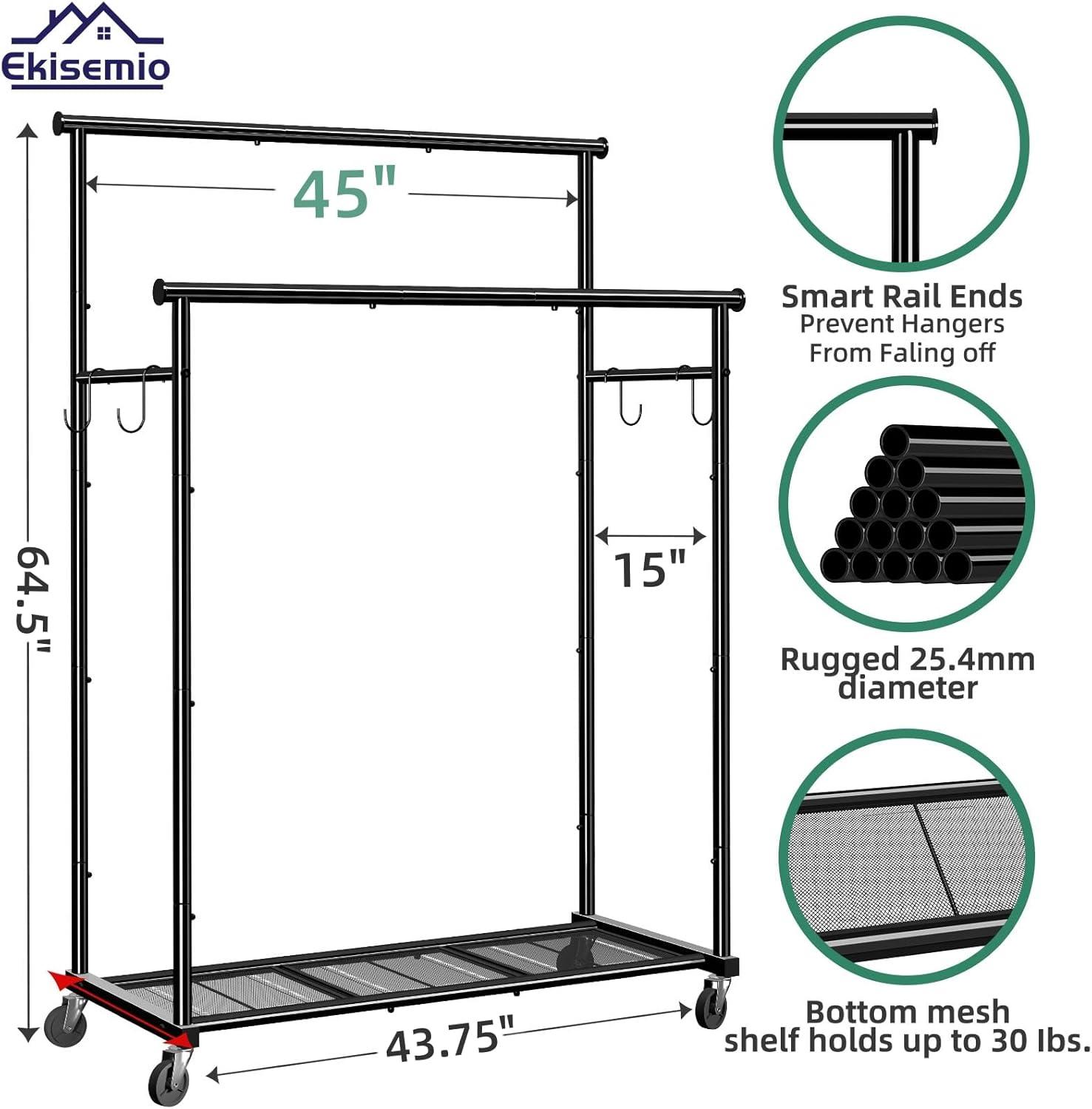 Black Heavy Duty Double Rod Garment Rack with Mesh Shelf