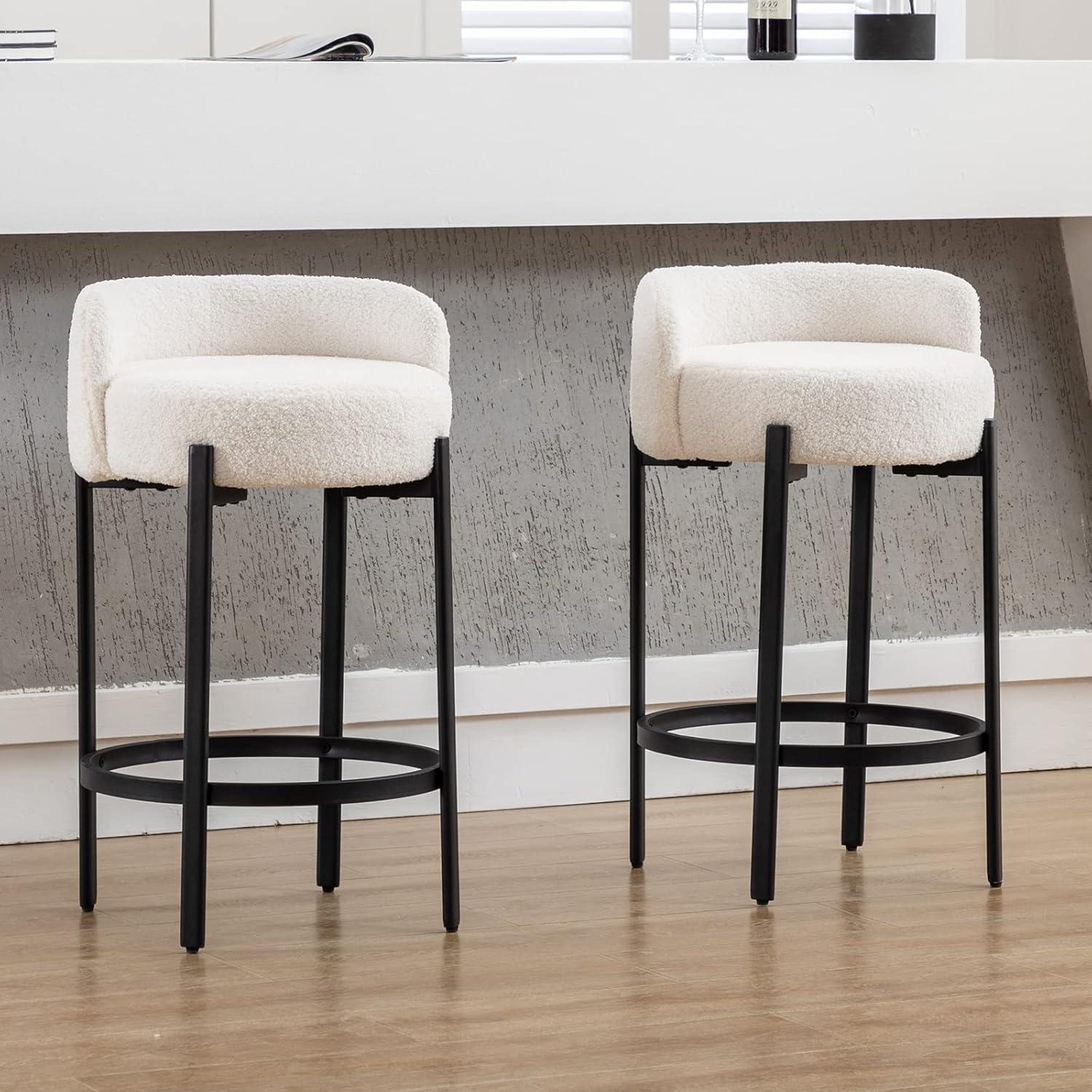 Modern Bar stools Set of 2, 26 Inch Sherpa Fabric Counter Height Barstools with Low Back, Upholstered Round Shape Kitchen Island Stools with Black Metal Legs for Dining Room Bar, White