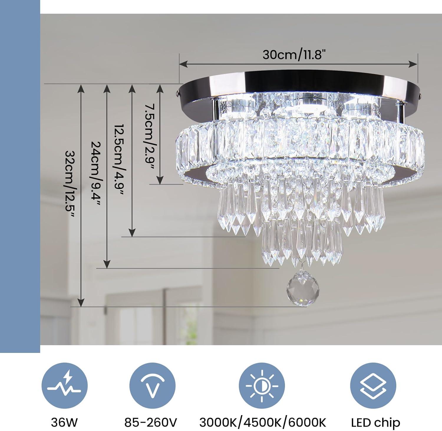 House of Hampton® House of Hampton® 11.8" Crystal Chandeliers Modern Crystal Ceiling Light LED Chandeliers Semi Flush Mount Chandelier Light for Bedrooms Dining Living Room Hallway (6500K Cool White Light)