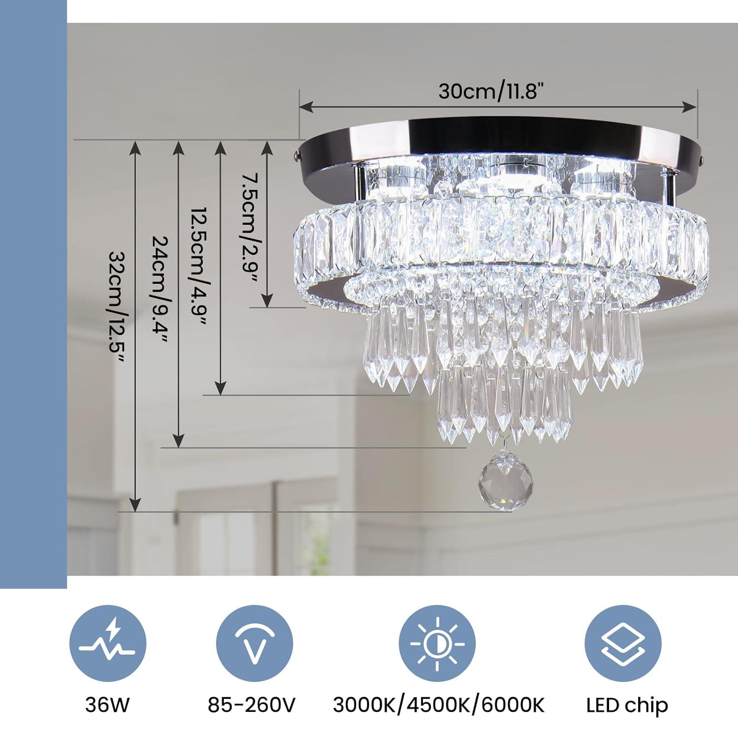 House of Hampton® House of Hampton® 11.8" Crystal Chandeliers Modern Crystal Ceiling Light LED Chandeliers Semi Flush Mount Chandelier Light for Bedrooms Dining Living Room Hallway (6500K Cool White Light)