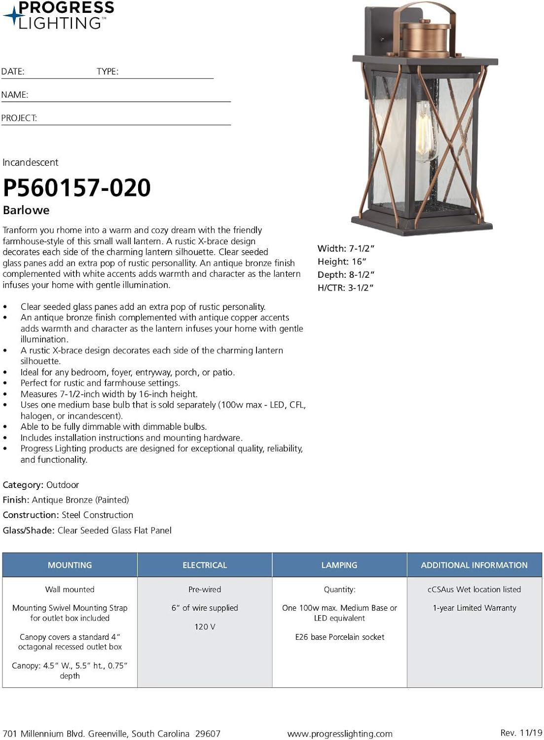 Progress Lighting Barlowe 1-Light Small Wall Lantern in Antique Bronze with Clear Seeded Glass Shade