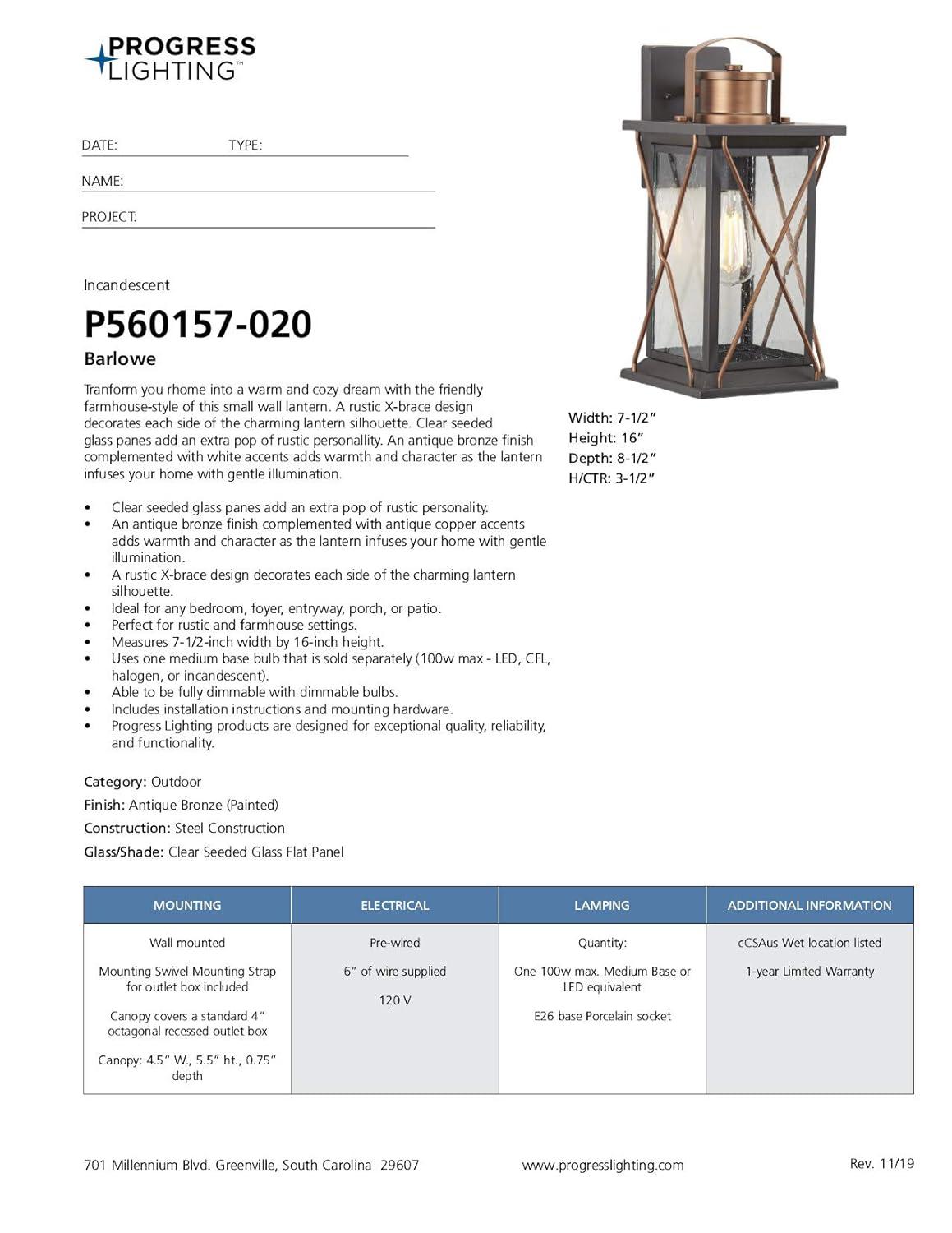Progress Lighting Barlowe 1-Light Small Wall Lantern in Antique Bronze with Clear Seeded Glass Shade