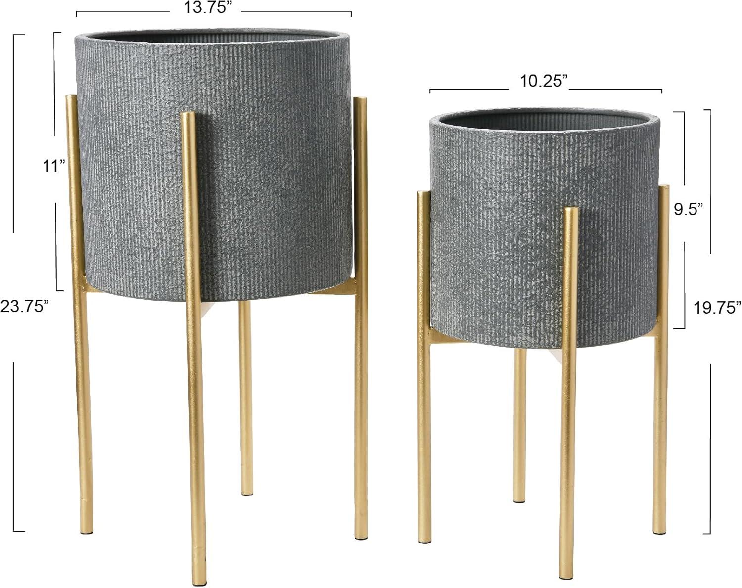 Charcoal Grey and Gold Embossed Metal Planters with Stands, Set of 2