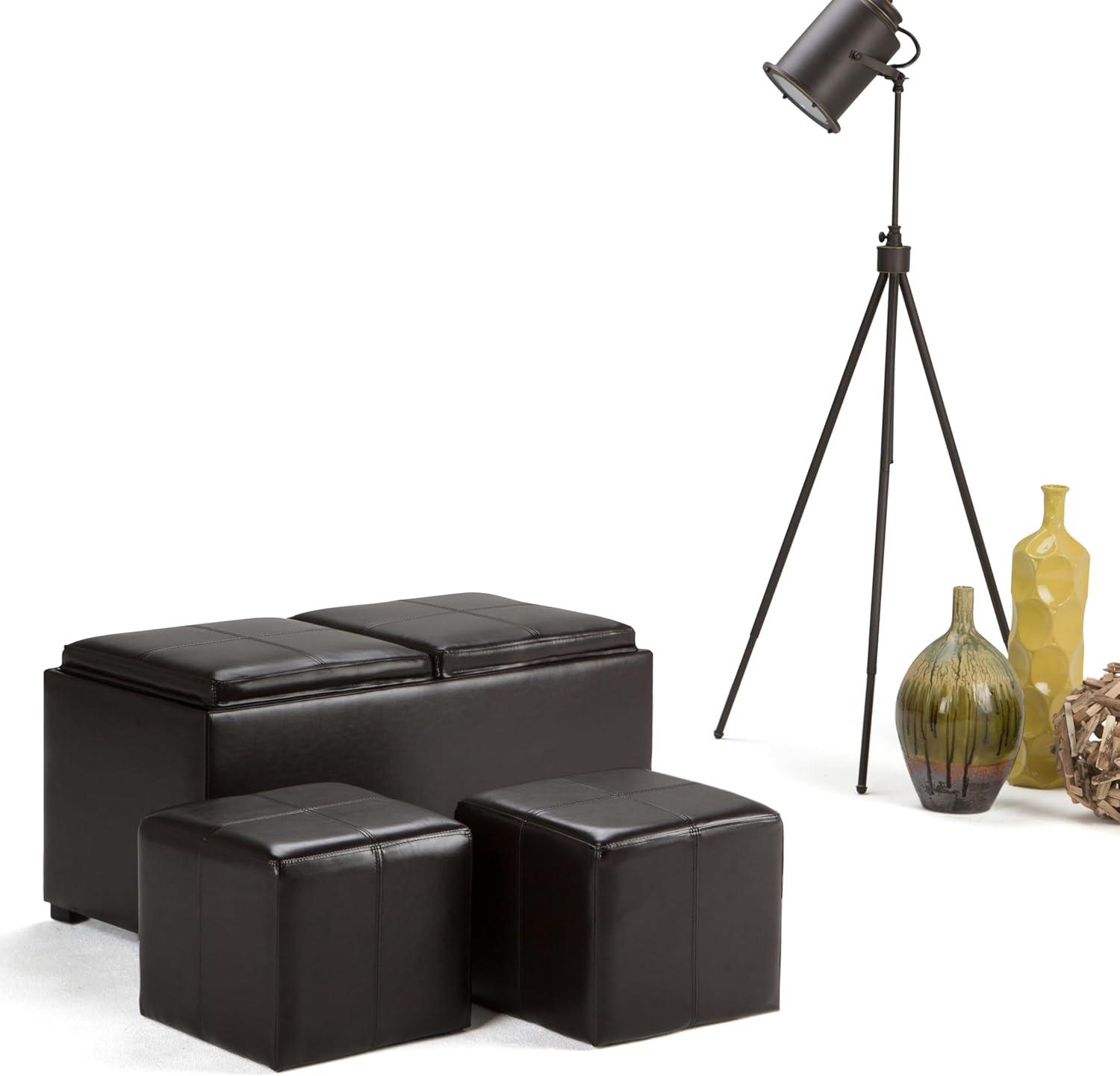 Simpli Home Avalon 35"W Upholstered Storage Ottoman Set with 5 Pieces and Flip-Over Serving Tray Lids