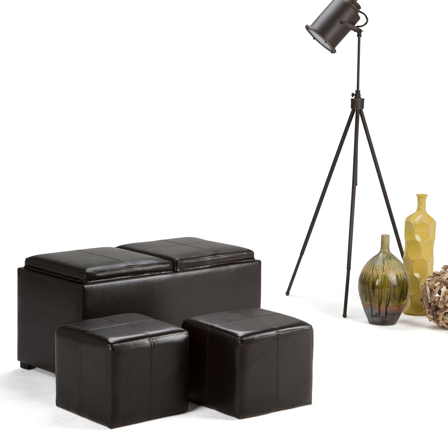 Simpli Home Avalon 35"W Upholstered Storage Ottoman Set with 5 Pieces and Flip-Over Serving Tray Lids