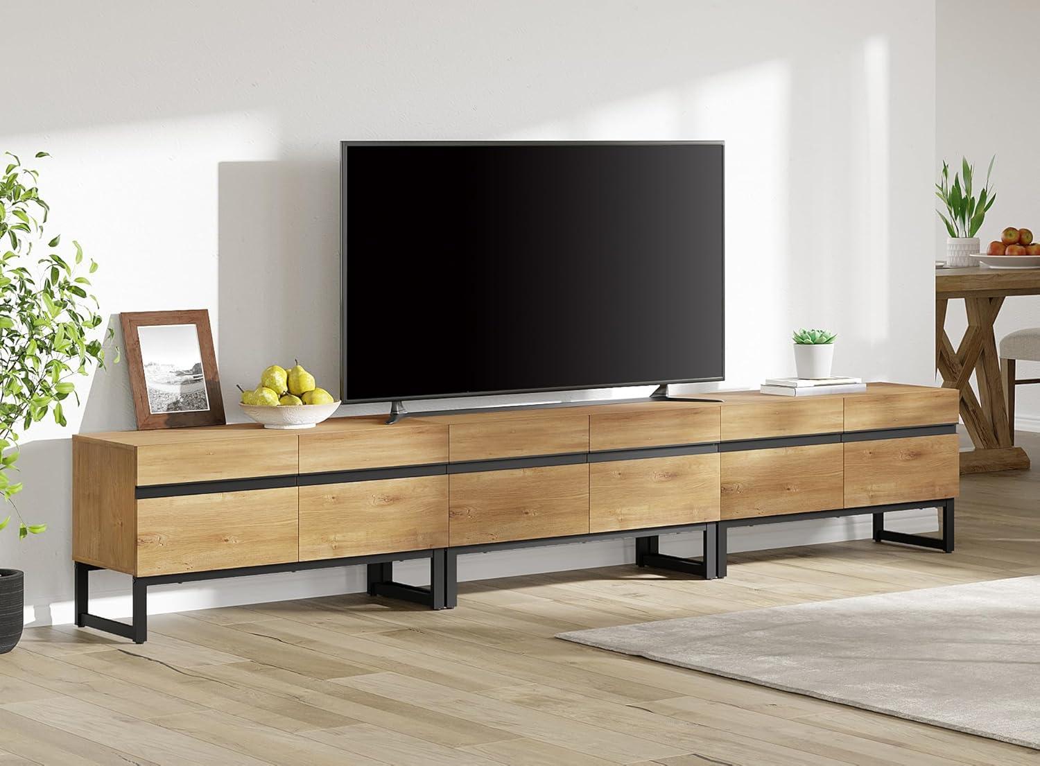 Modern Oak TV Stand with Storage Cabinets and Metal Base