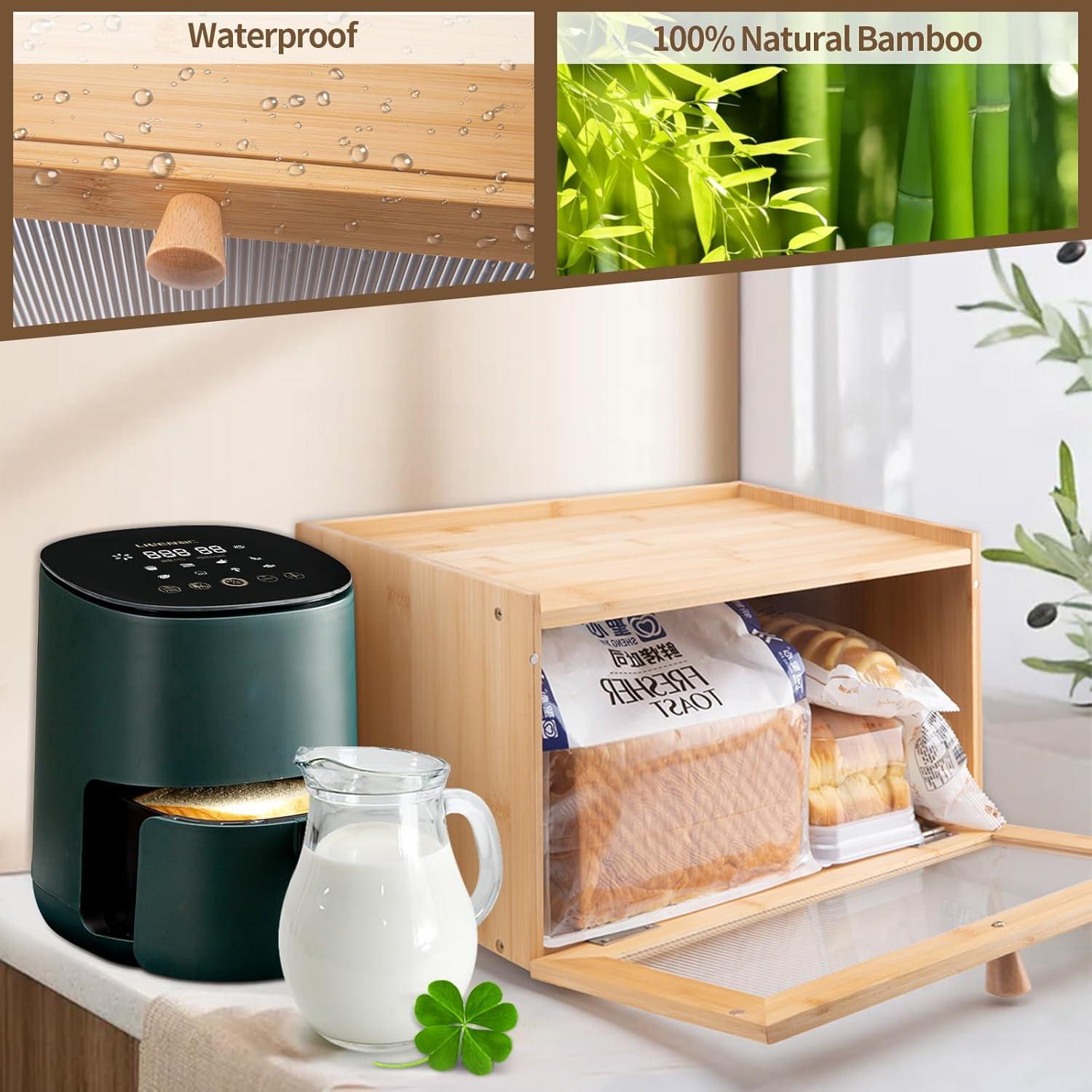 Bamboo Bread Box for Kitchen Counter-Large Capacity Bread Storage Container Farmhouse Bread Box with Window Bread Holder