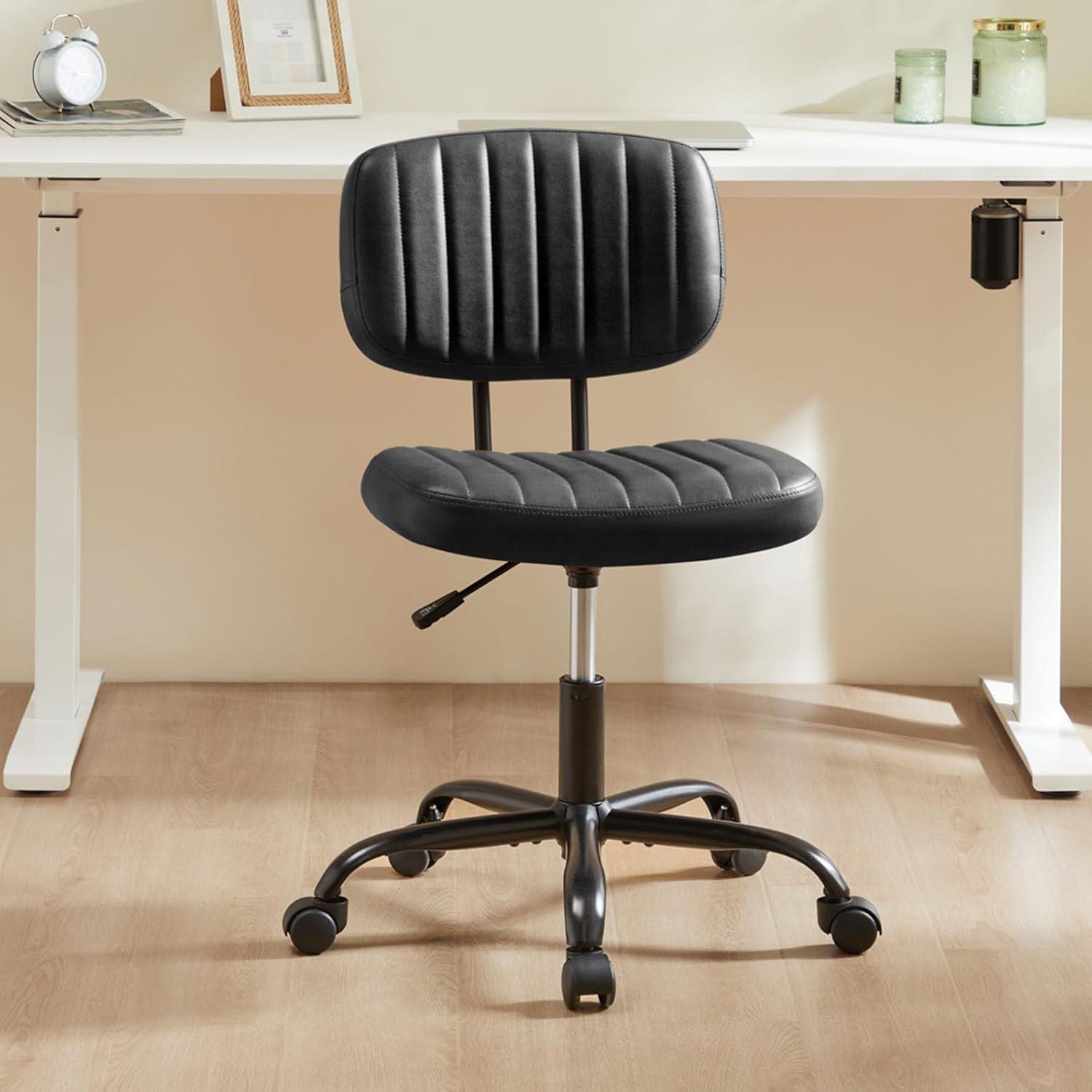 Topcobe Armless Home Office Chair Ergonomic Desk with Comfy Low Back Lumbar Support, Height Adjustable PU Leather Computer Task Chair with 360° Swivel Wheels, for Small Space, Kids and Adults, Black
