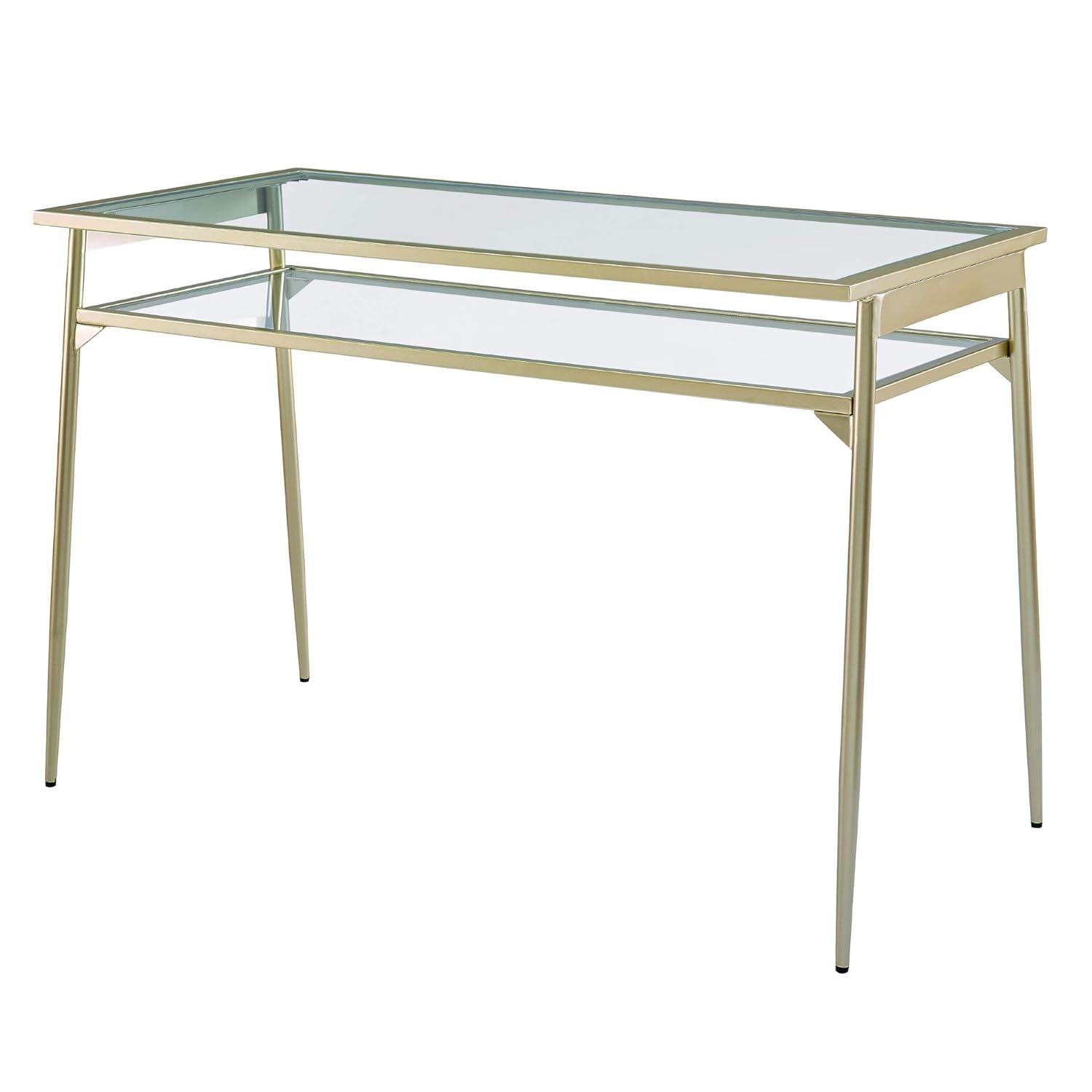 Walker Edison Olivia Contemporary 2 Tier Glass Top Metal Desk, 48 Inch, Gold