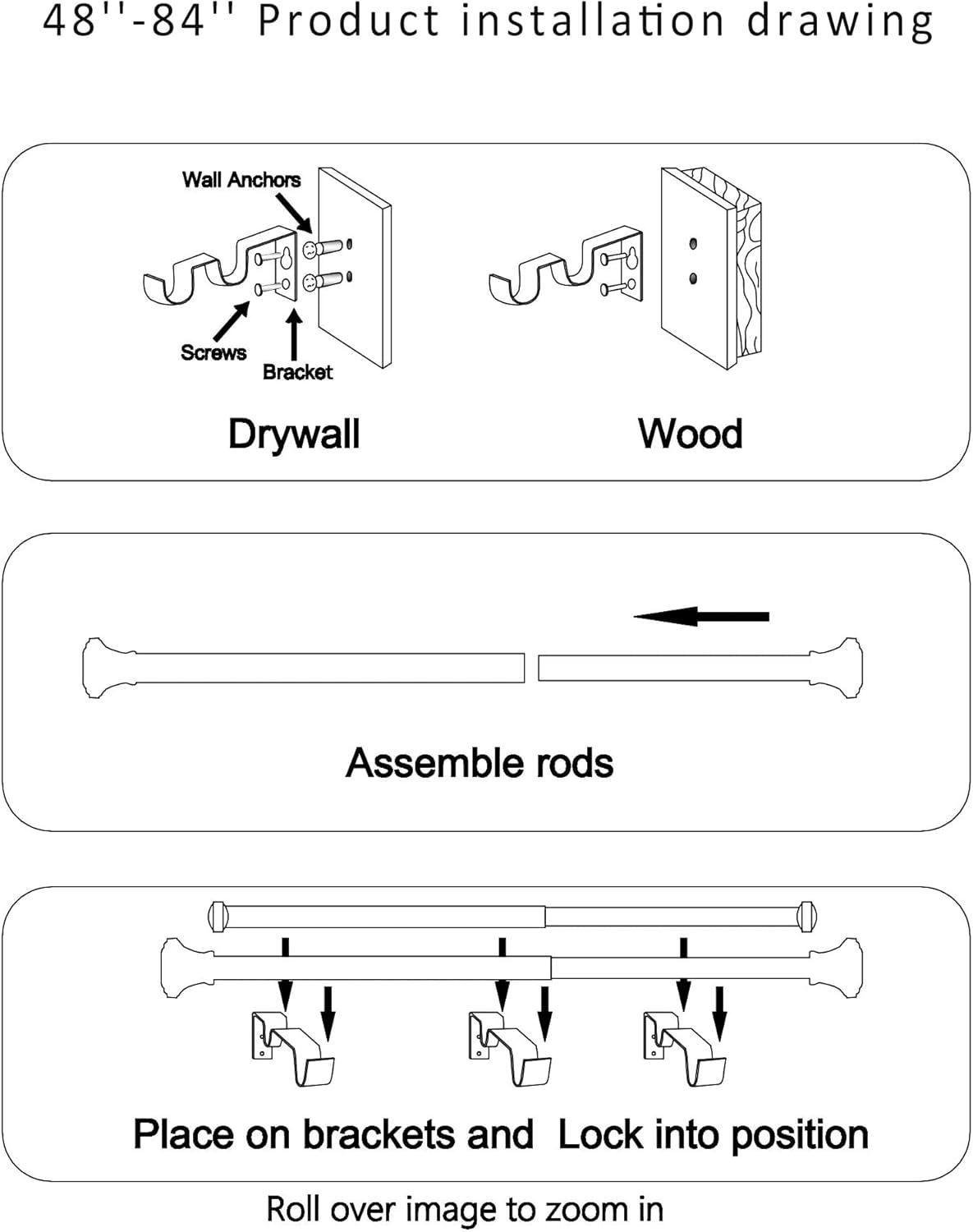 eTeckram 1" Curtain Rod with Albert Finials - 48" to 84", Weathered White